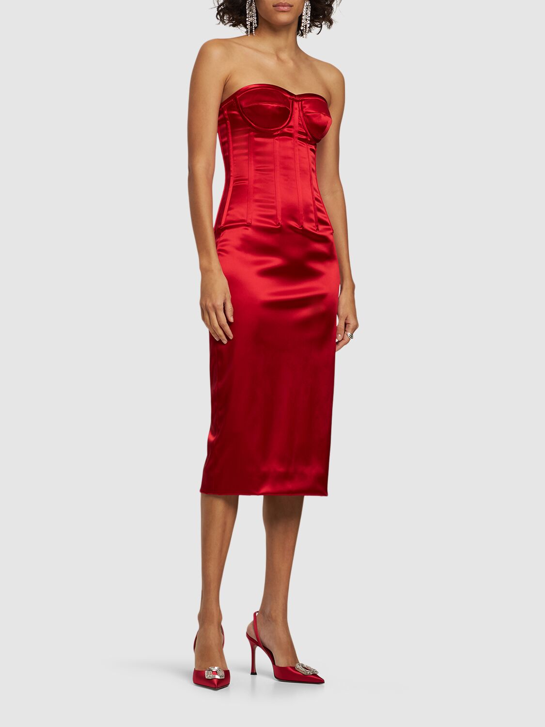 Dolce & Gabbana Satin Calf-length Dress With Corset Details In Red