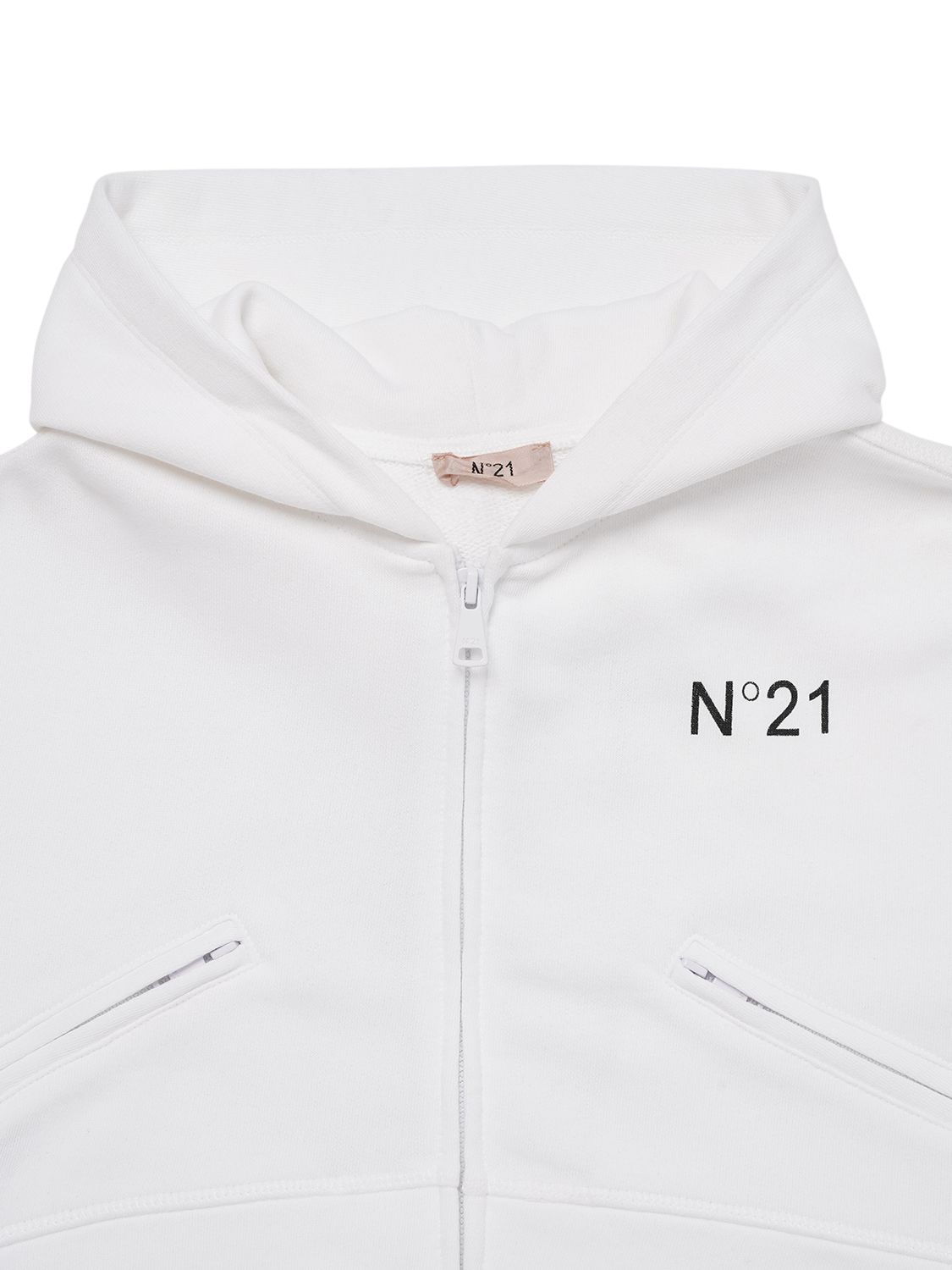 Shop N°21 Logo Print Cropped Cotton Hoodie W/patch In White