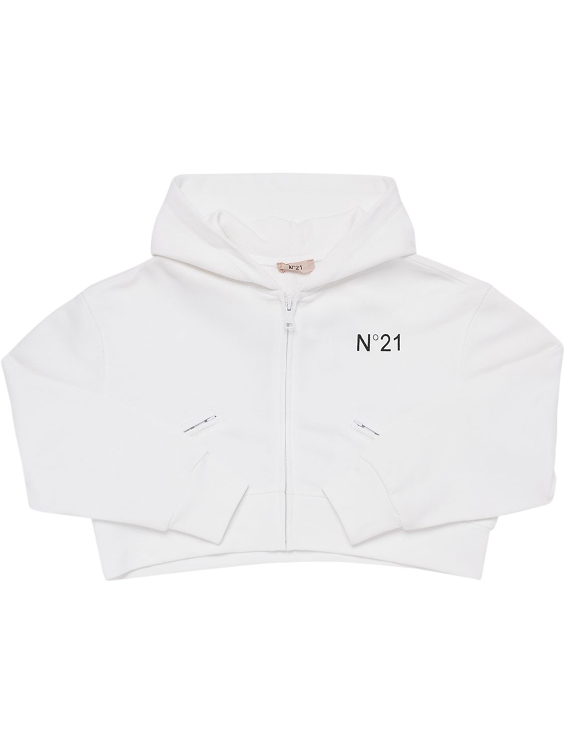 Shop N°21 Logo Print Cropped Cotton Hoodie W/patch In White