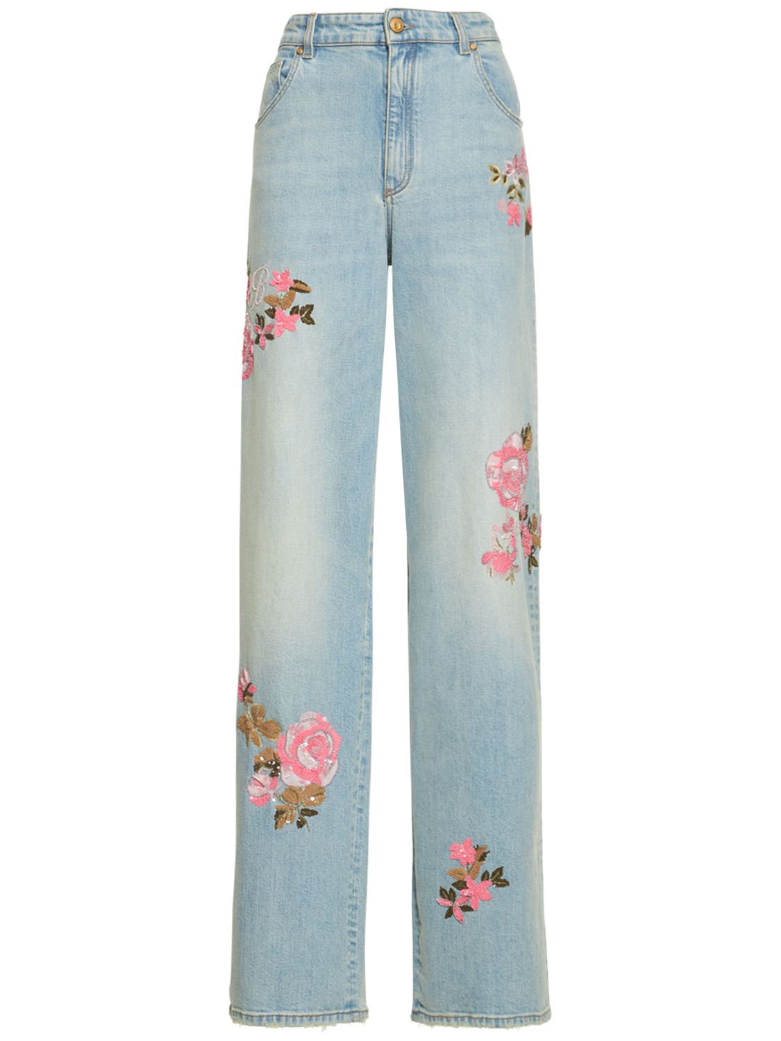 Embroidered Roses Wide Denim Jeans