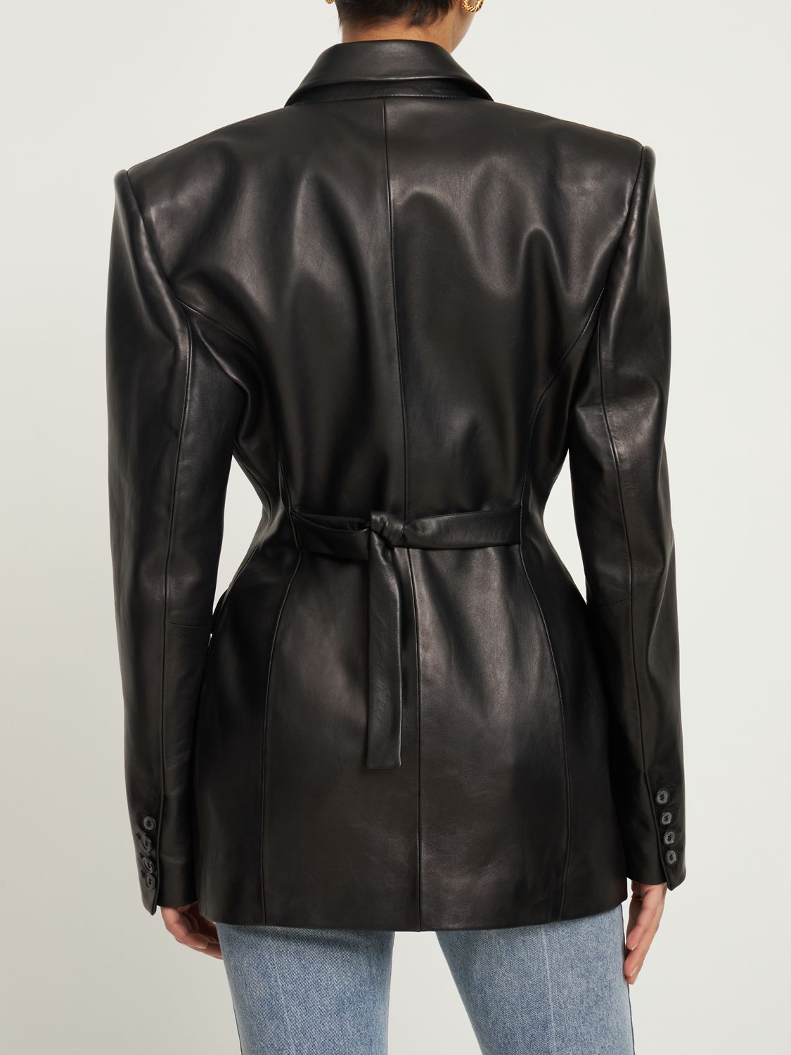 Shop Magda Butrym Leather Tie-back Blazer In Black