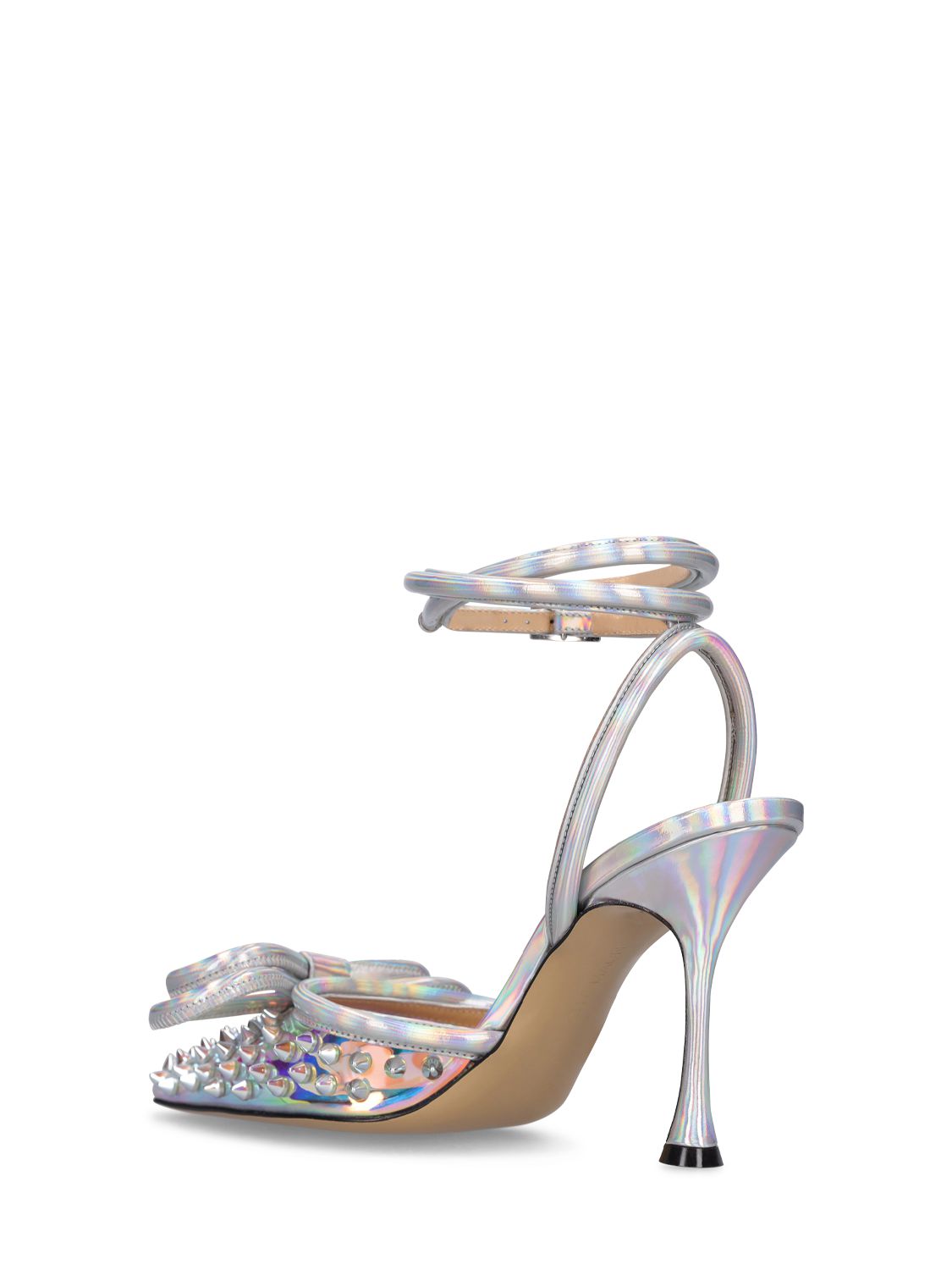 Mach&mach Double Bow Crystal-embellished Leather And Pvc Heeled Sandals In Iridescent