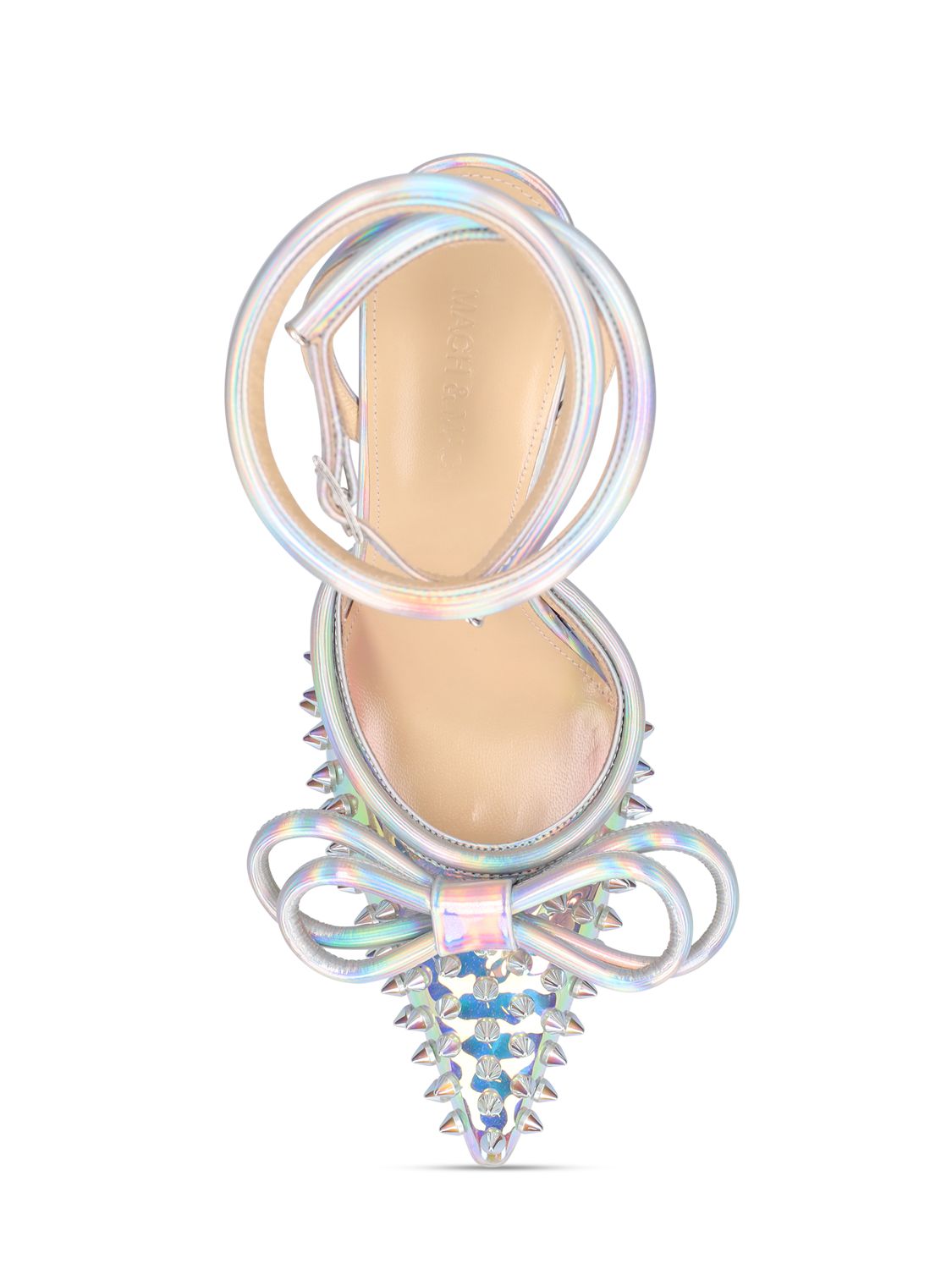 Mach&mach Double Bow Crystal-embellished Leather And Pvc Heeled Sandals In Iridescent