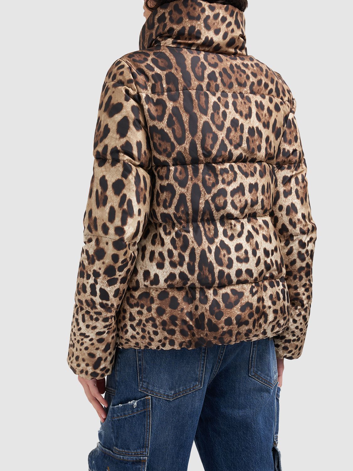 Dolce & Gabbana Leopard Print Stand Collar Puffer Jacket In Multicolor
