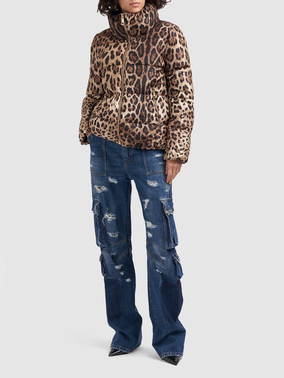 Dolce & Gabbana Leopard Print Stand Collar Puffer Jacket In Multicolor