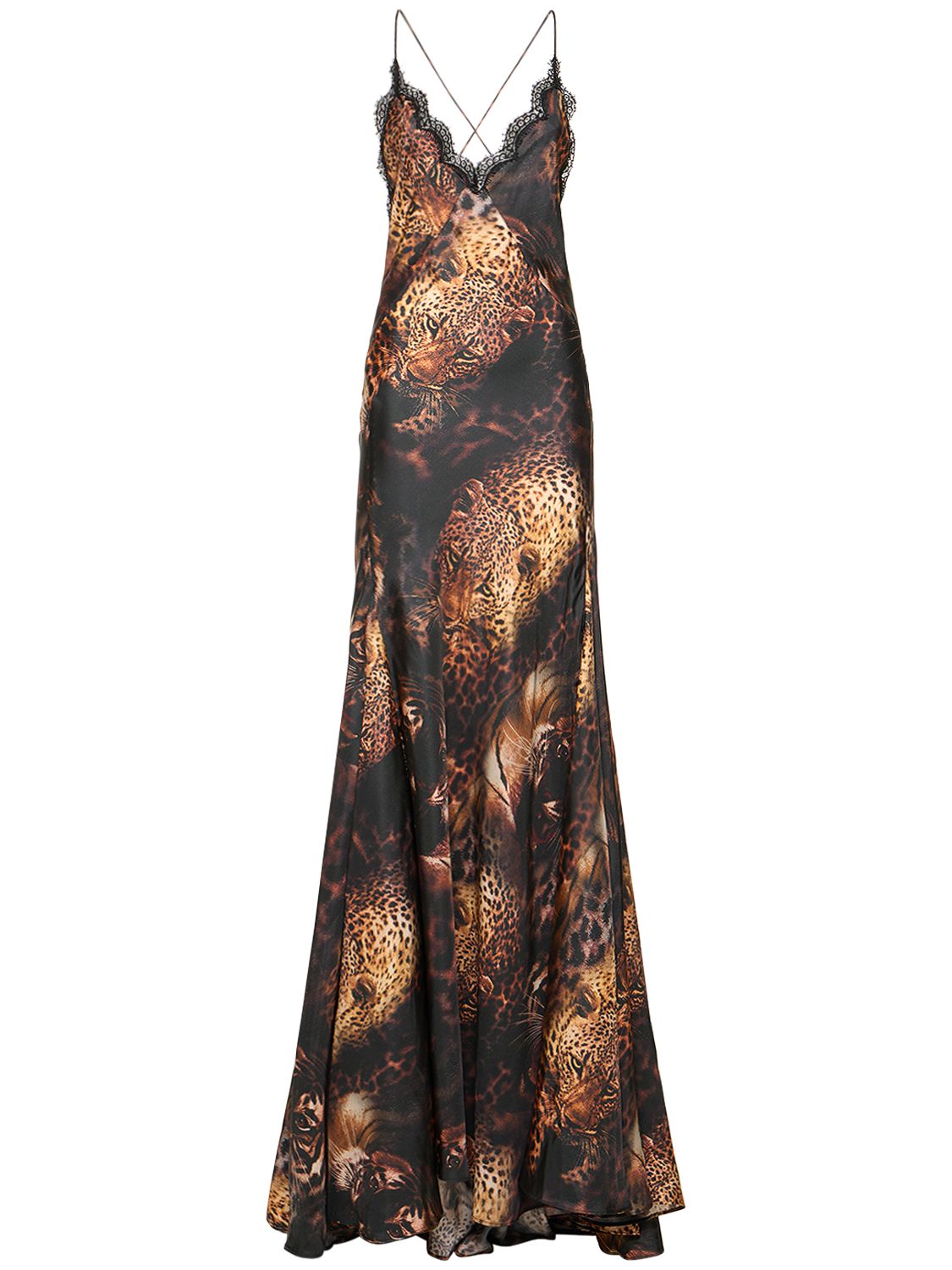 Printed Silk Twill Long Dress W/ Lace