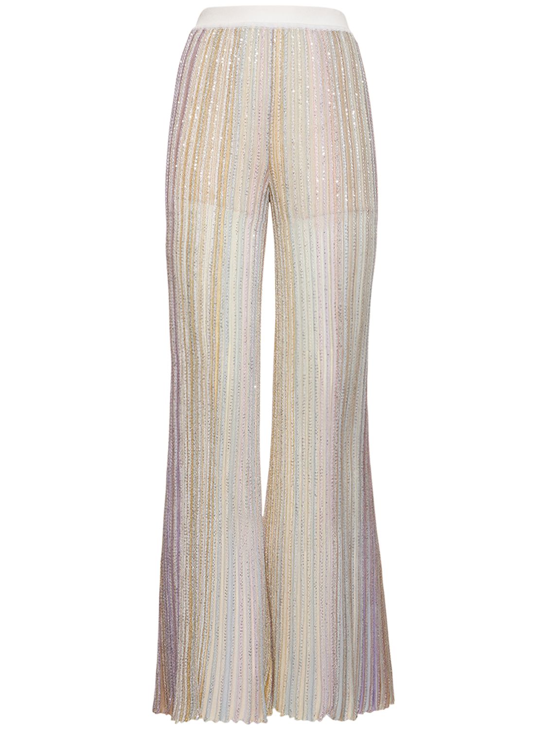 Sequined Striped Knit Flared Pants