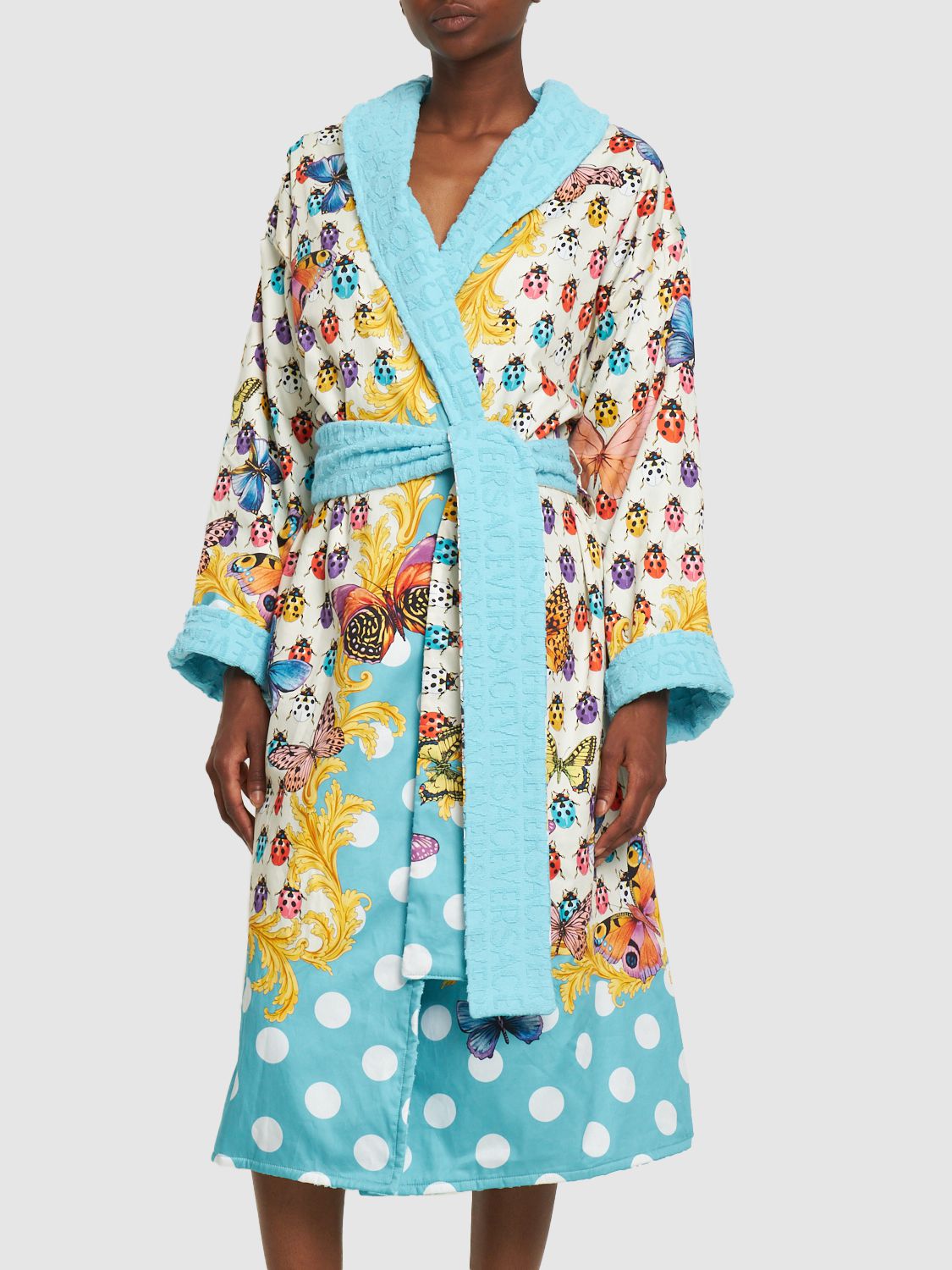 Versace La Vacanza Printed Bathrobe In Azur,multi