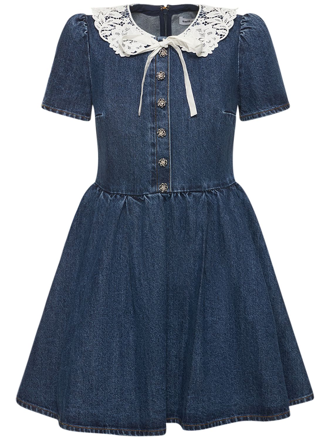 Robe Courte En Denim De Coton Avec Col En Dentelle - SELF-PORTRAIT - Modalova