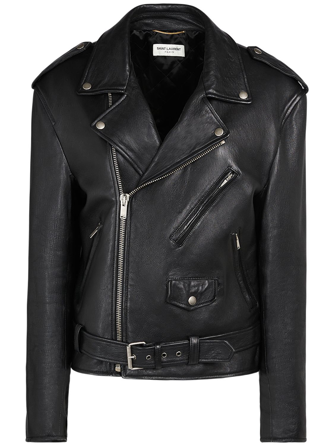 Belted Leather Zip-up Jacket