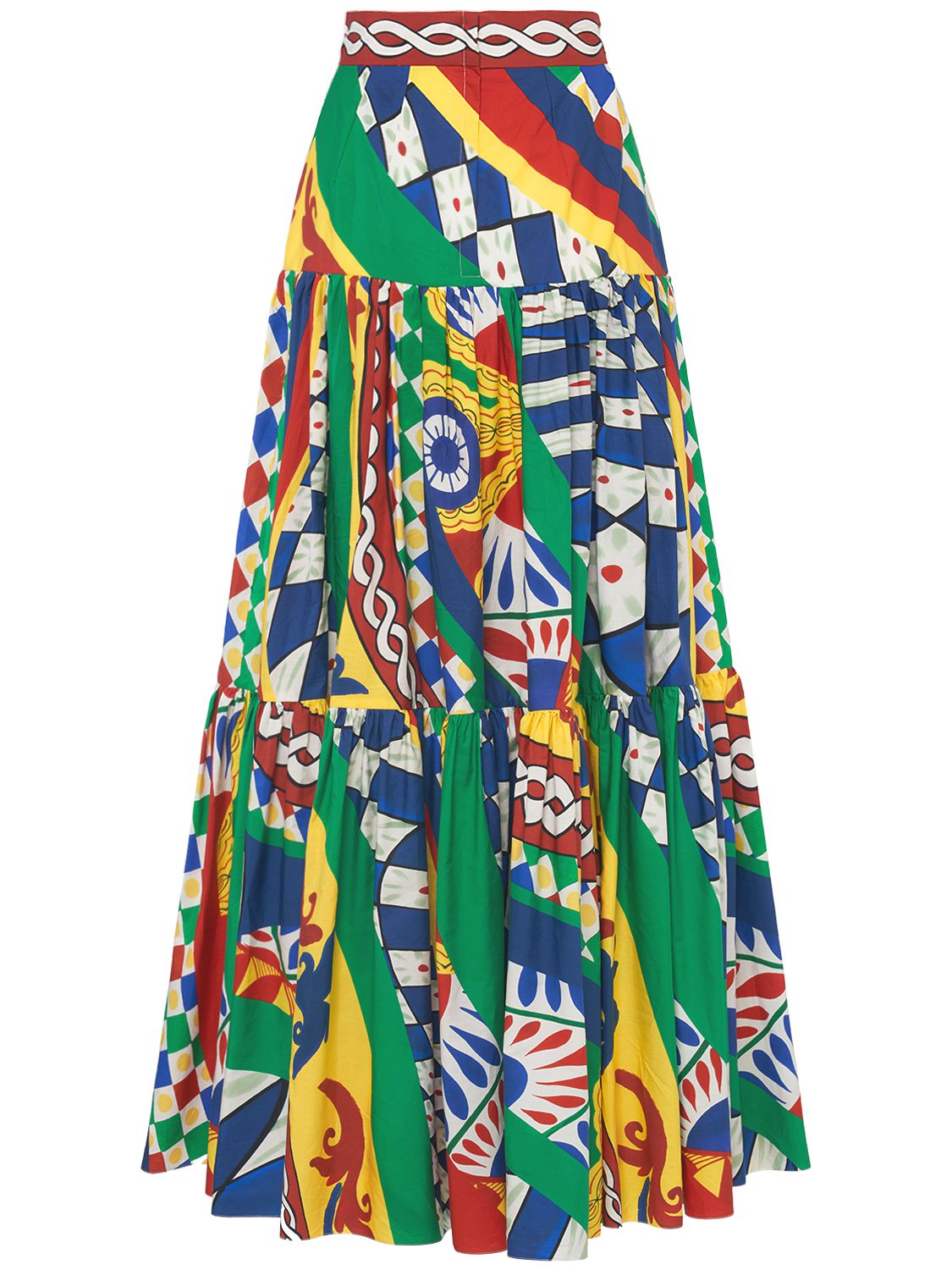 Dolce & Gabbana Long Carretto-print Poplin Skirt With Ruffles In Multicolor