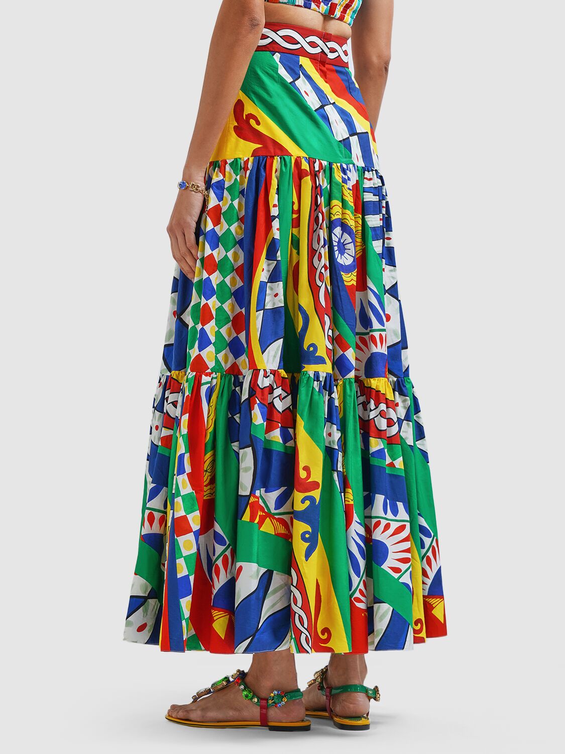 Dolce & Gabbana Long Carretto-print Poplin Skirt With Ruffles In Multicolor