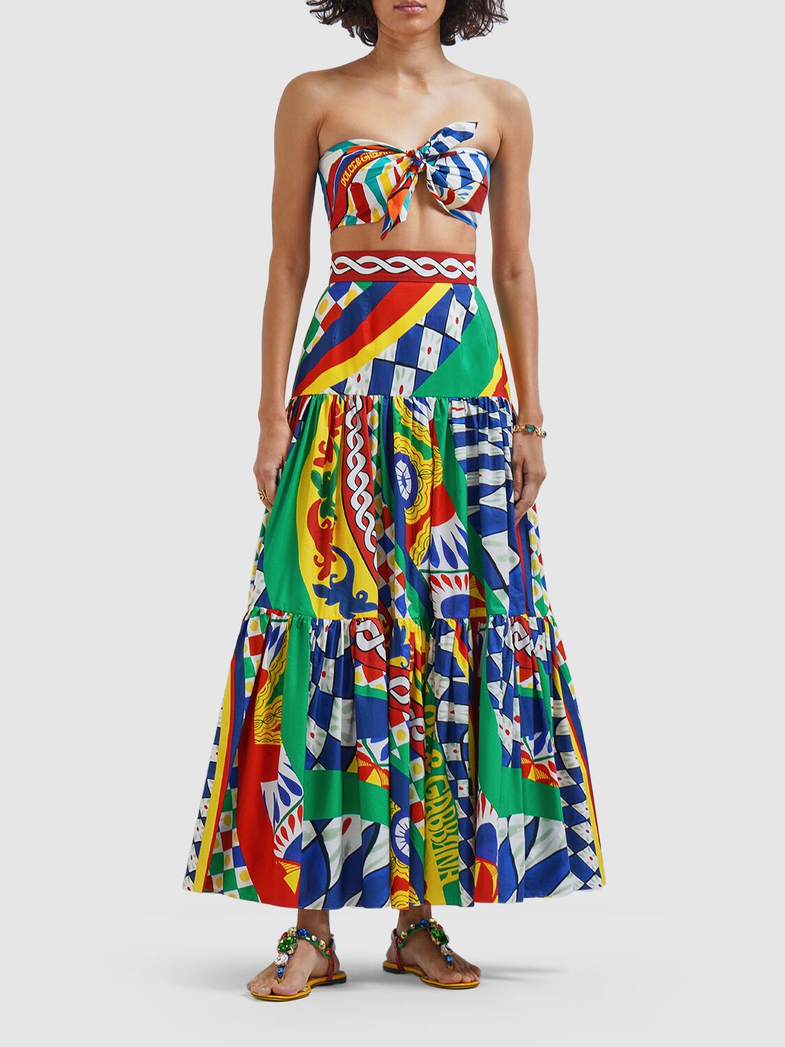 Dolce & Gabbana Long Carretto-print Poplin Skirt With Ruffles In Multicolor