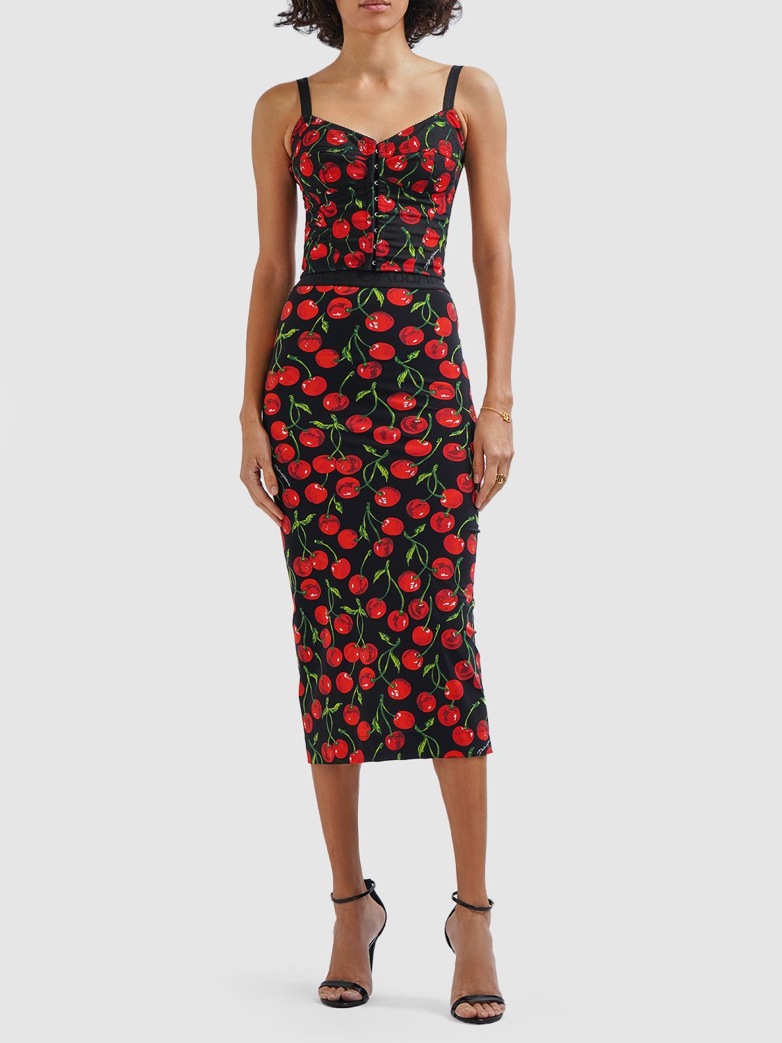 Dolce & Gabbana High-waisted Charmeuse Calf-length Skirt With Cherry Print In Multicolor