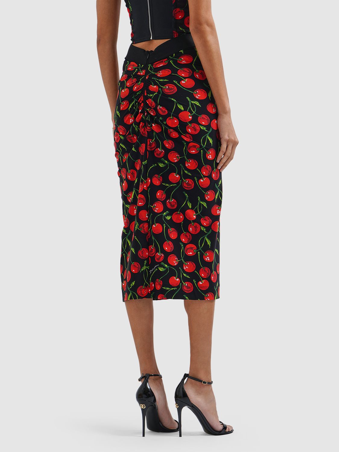 Dolce & Gabbana High-waisted Charmeuse Calf-length Skirt With Cherry Print In Multicolor
