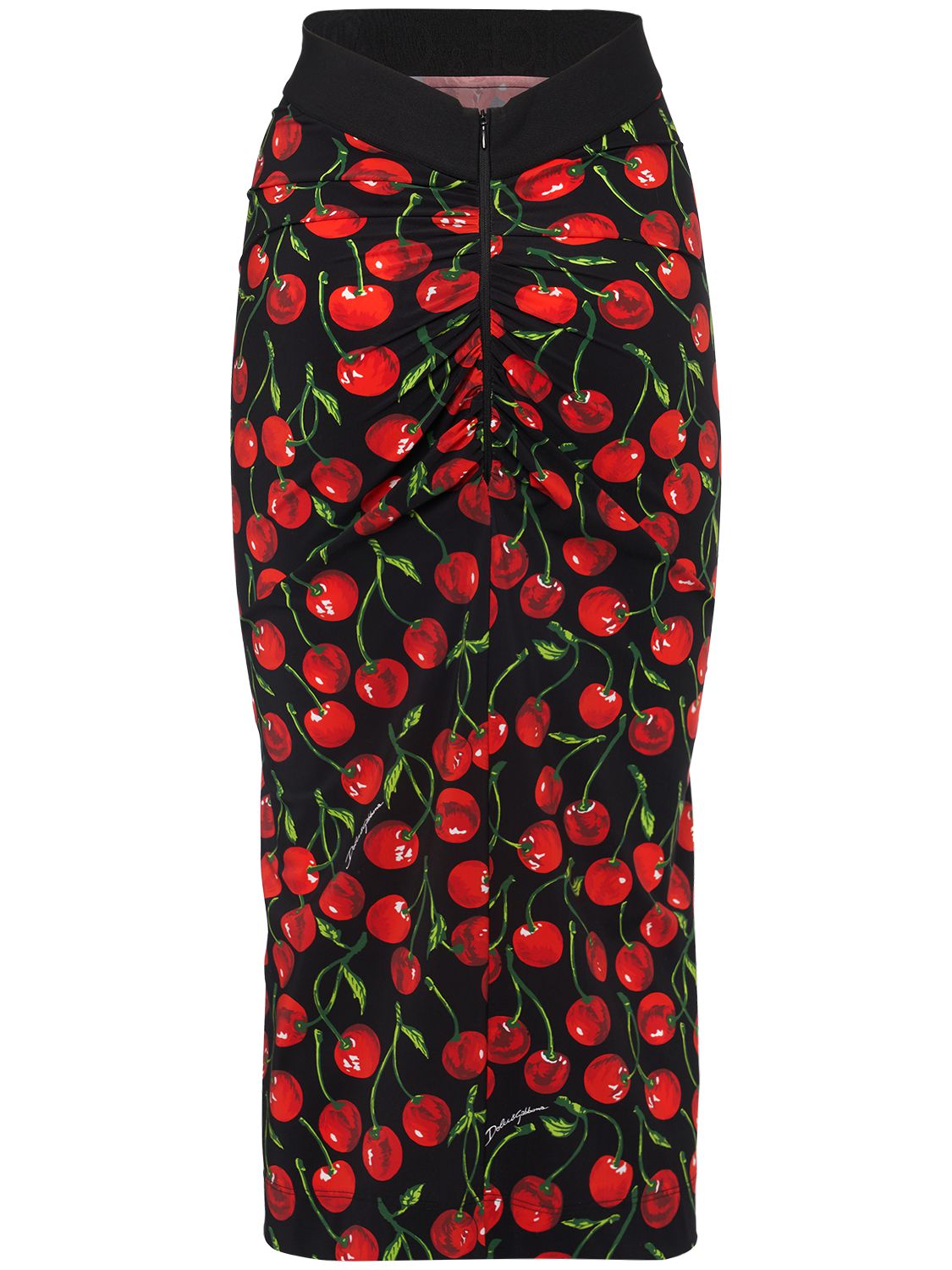 Dolce & Gabbana High-waisted Charmeuse Calf-length Skirt With Cherry Print In Multicolor