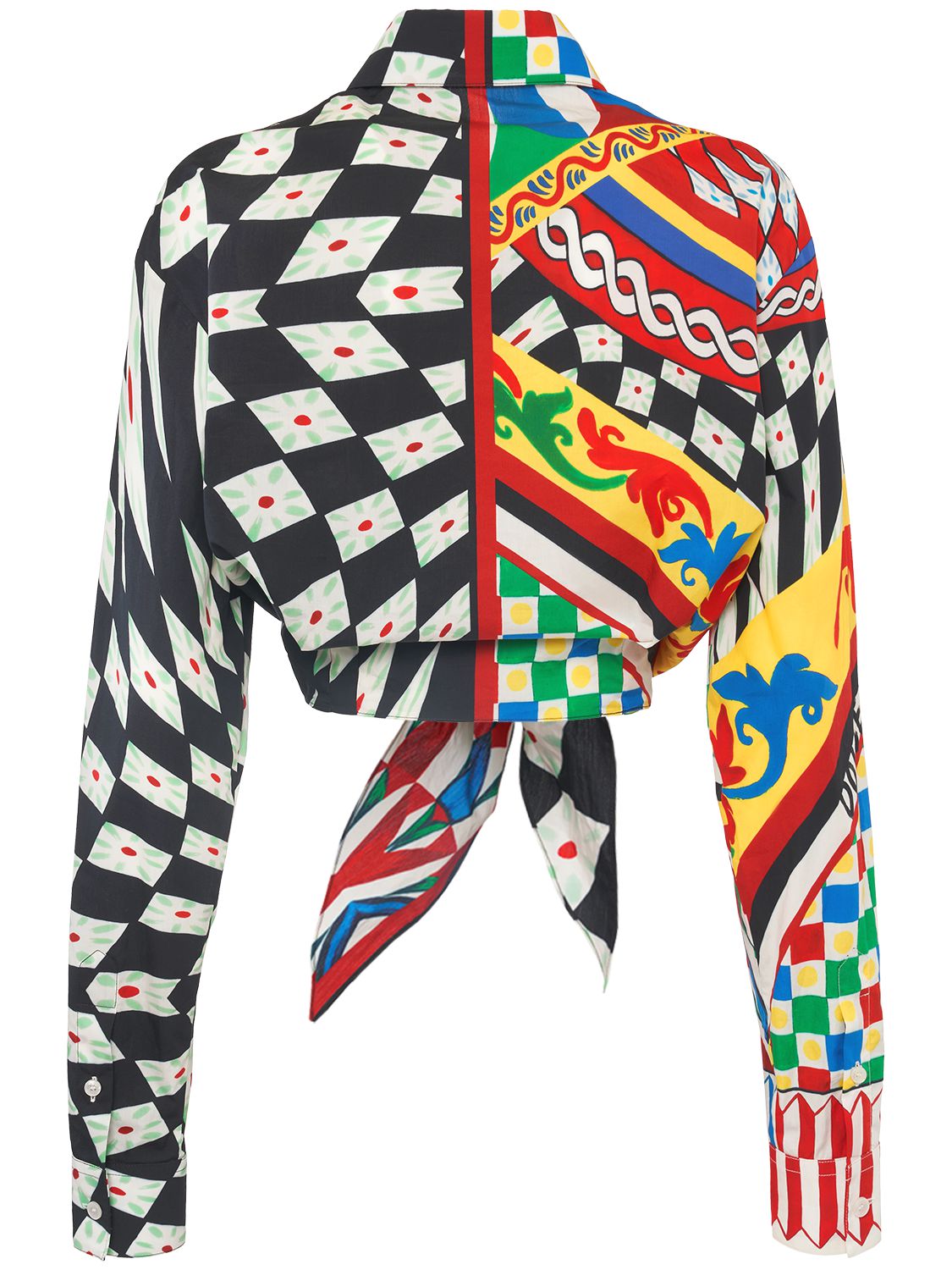 Dolce & Gabbana Short Carretto-print Poplin Shirt With Knot Detail In Multicolor