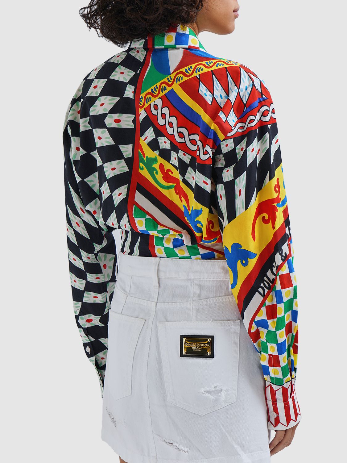 Dolce & Gabbana Short Carretto-print Poplin Shirt With Knot Detail In Multicolor