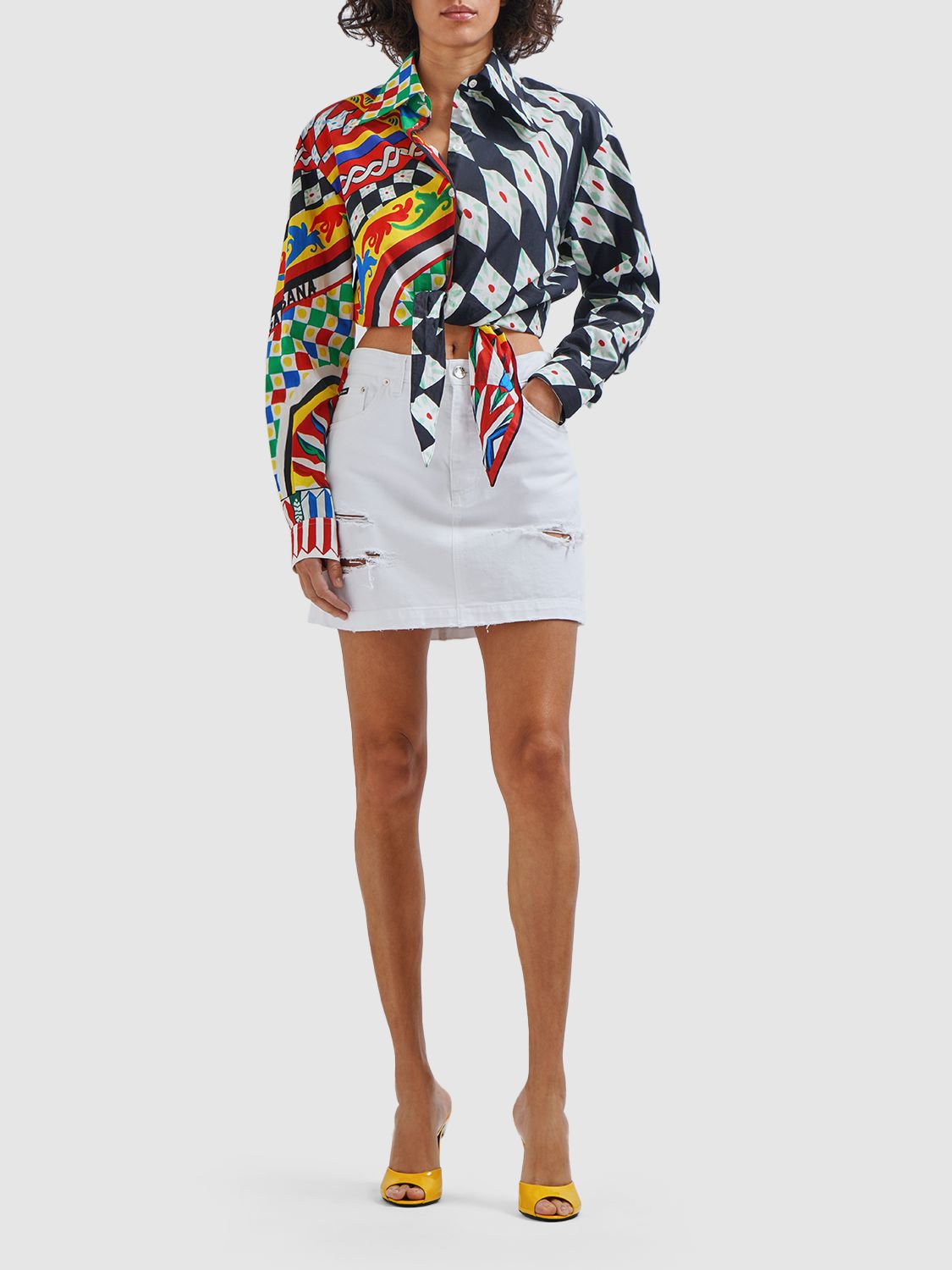 Dolce & Gabbana Short Carretto-print Poplin Shirt With Knot Detail In Multicolor