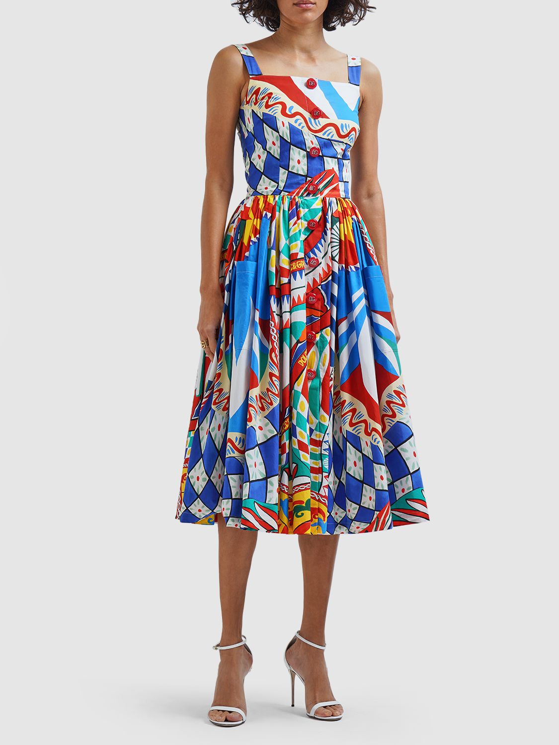 Dolce & Gabbana Carretto Printed Cotton-poplin Pleated Midi Dress In Multicolor