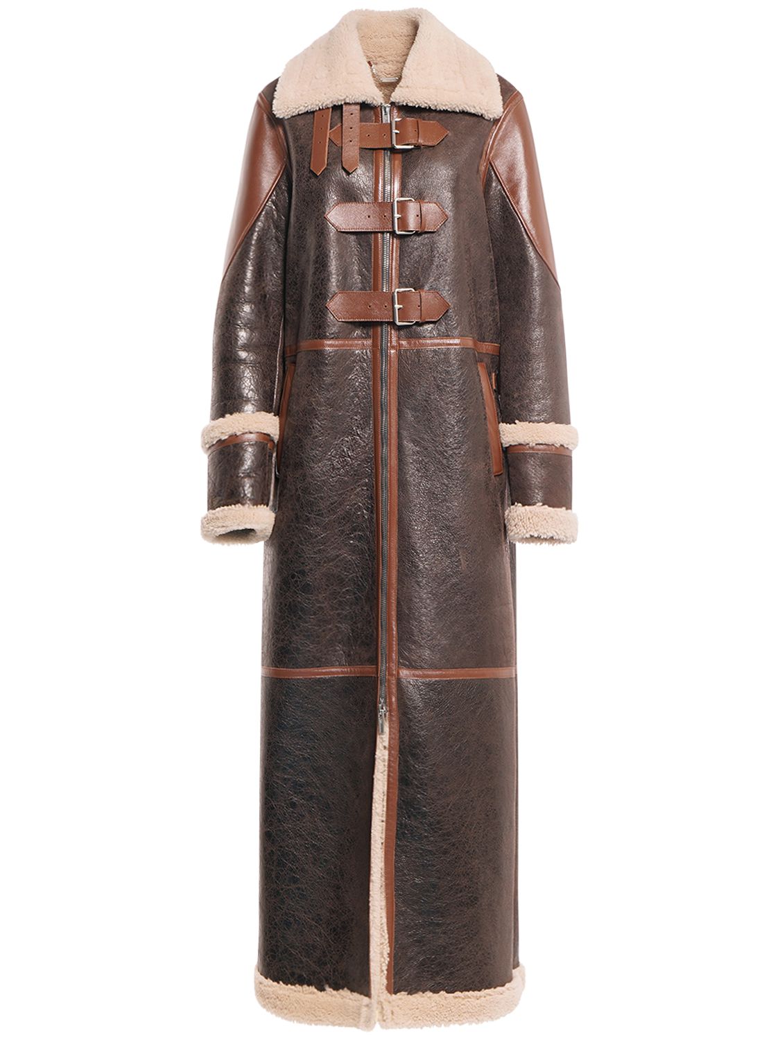 Leather Shearling Long Coat W/ Buckles