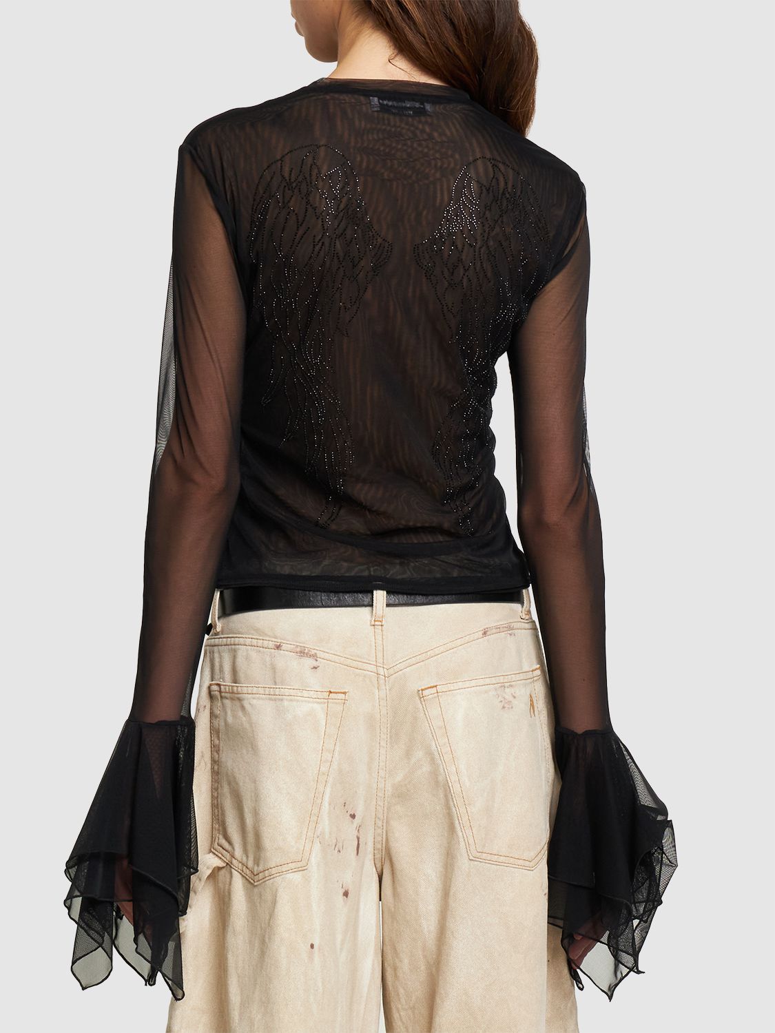 BLUMARINE TULLE RUFFLED LONG SLEEVE TOP W/ STUDS 