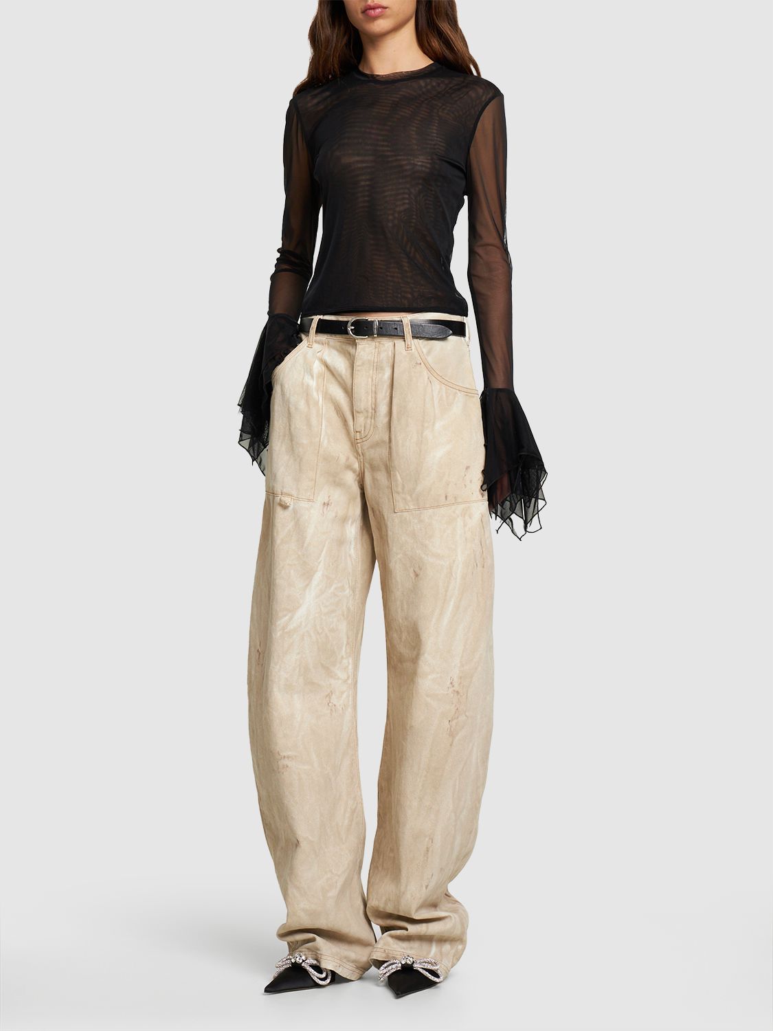 BLUMARINE TULLE RUFFLED LONG SLEEVE TOP W/ STUDS 