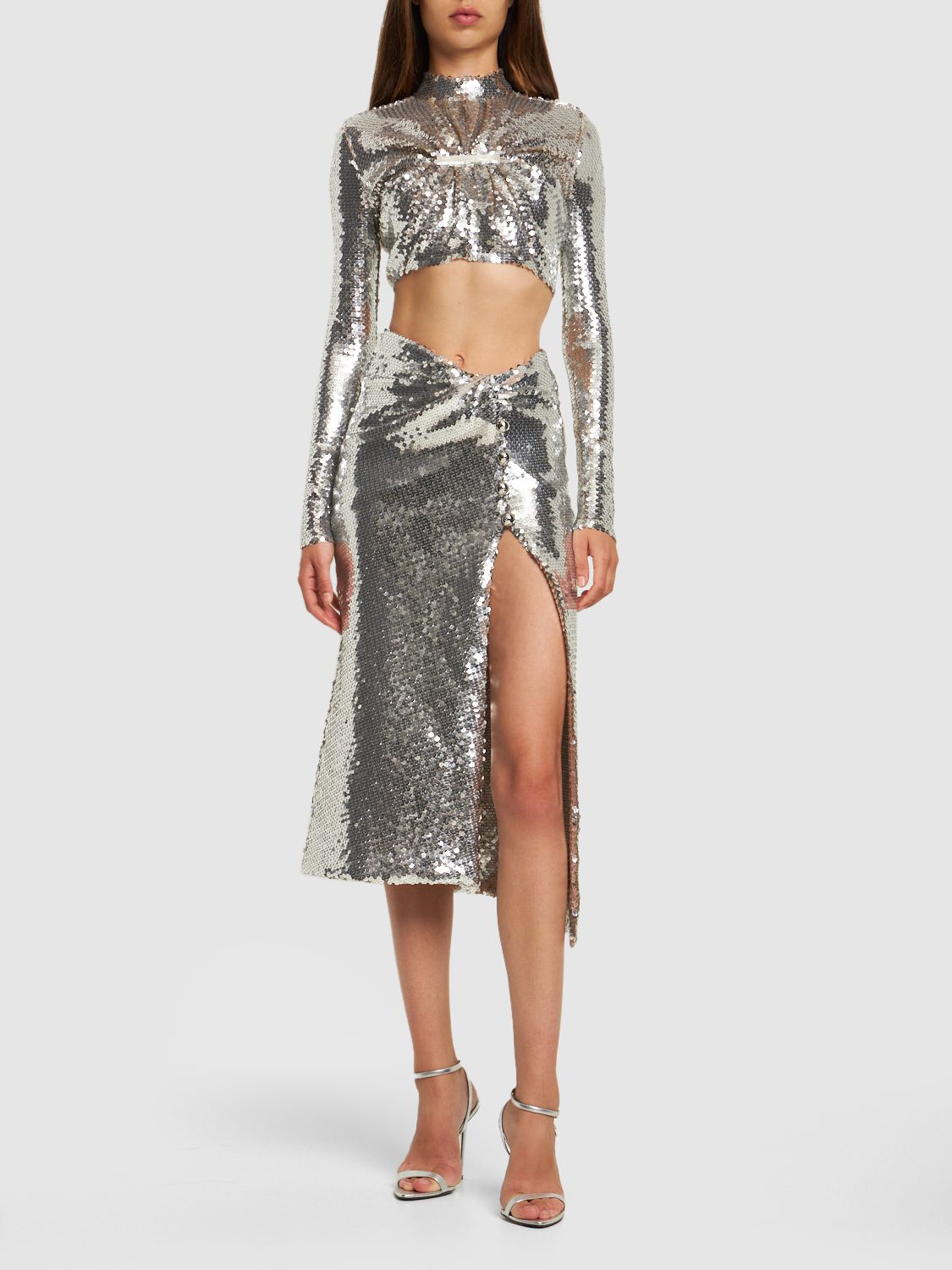 Shop Rabanne Lvr Exclusive Sequined Jersey Crop Top In Silver