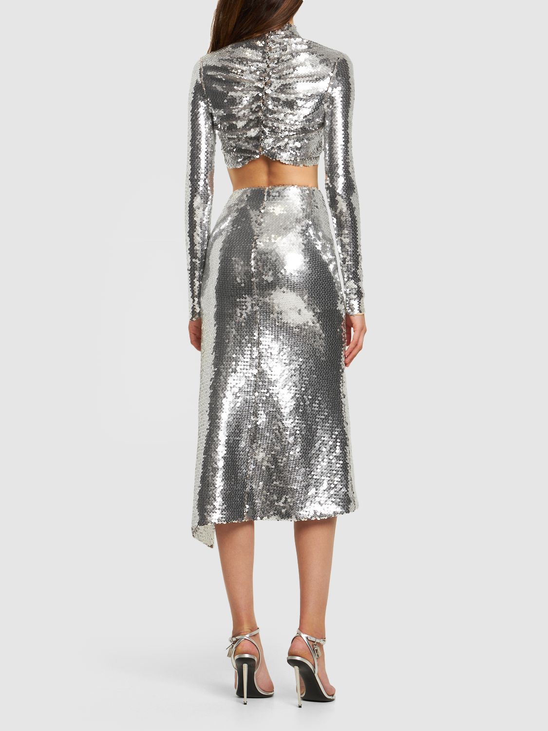 Shop Rabanne Lvr Exclusive Sequined Jersey Crop Top In Silver