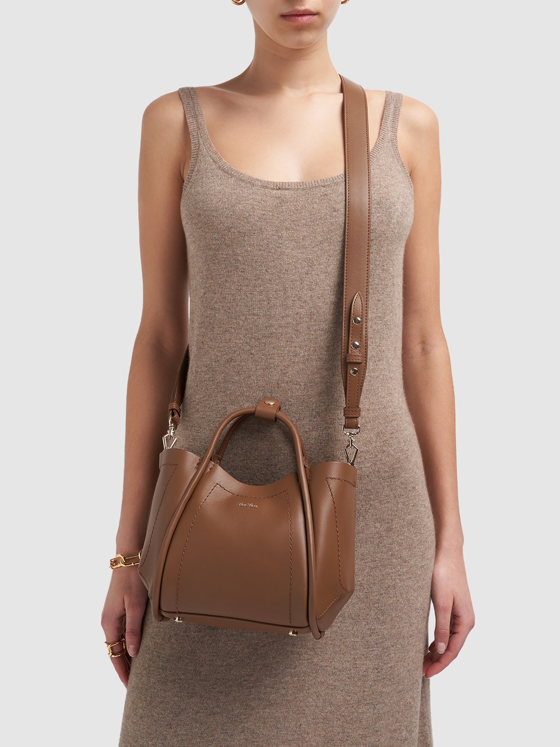 Shop Max Mara Xs Marin Leather Top Handle Bag In Vicuna