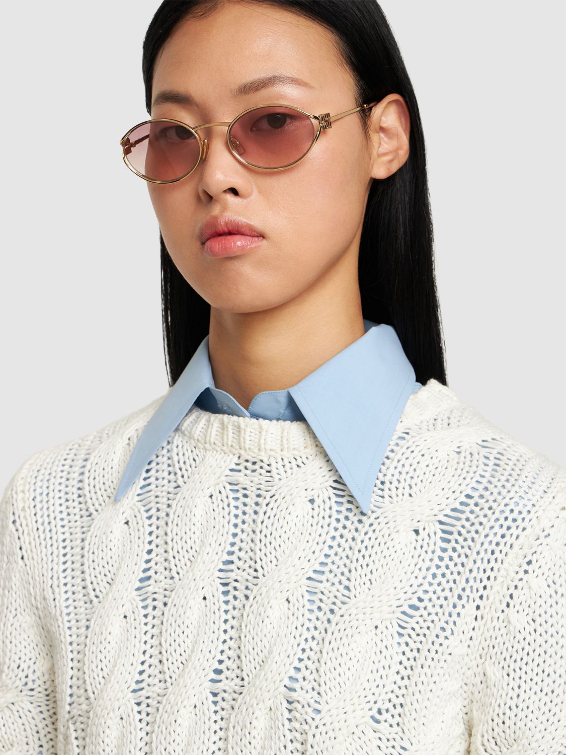 Miu Miu Oval Metal Sunglasses In Gold,fuchsia