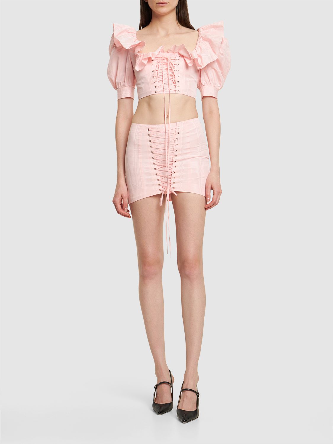 Alessandra Rich Ruffled Moiré Crop Top W/ Lace Up In Pink