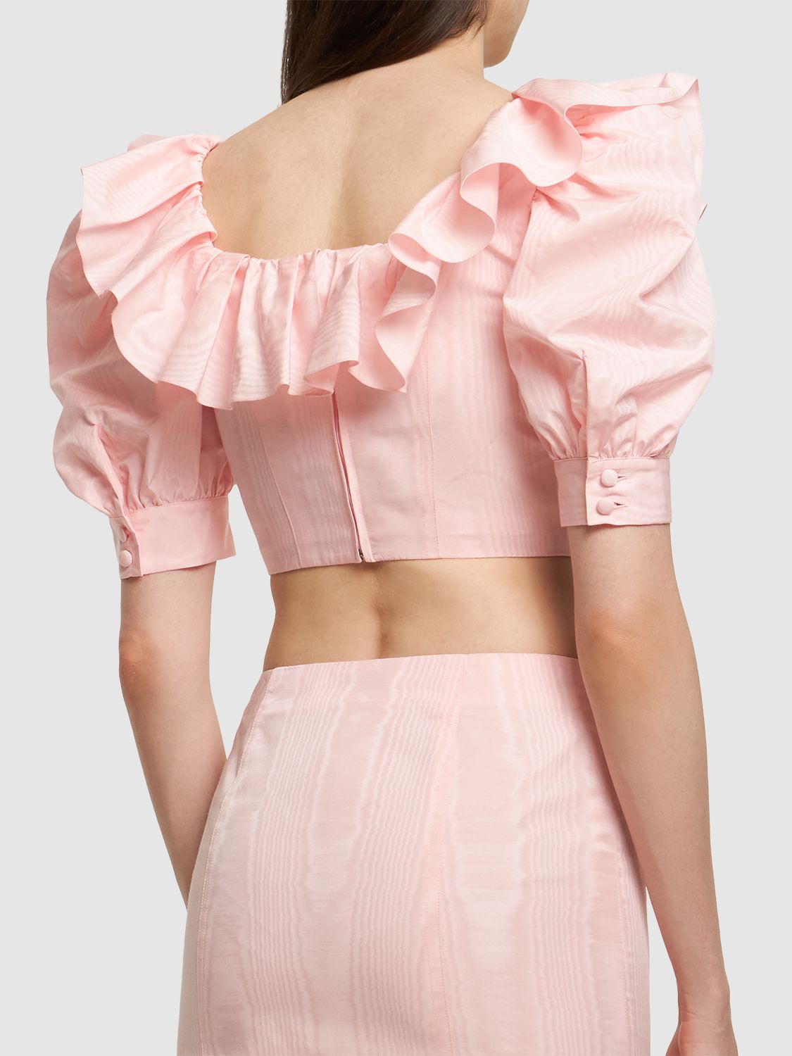 Alessandra Rich Ruffled Moiré Crop Top W/ Lace Up In Pink