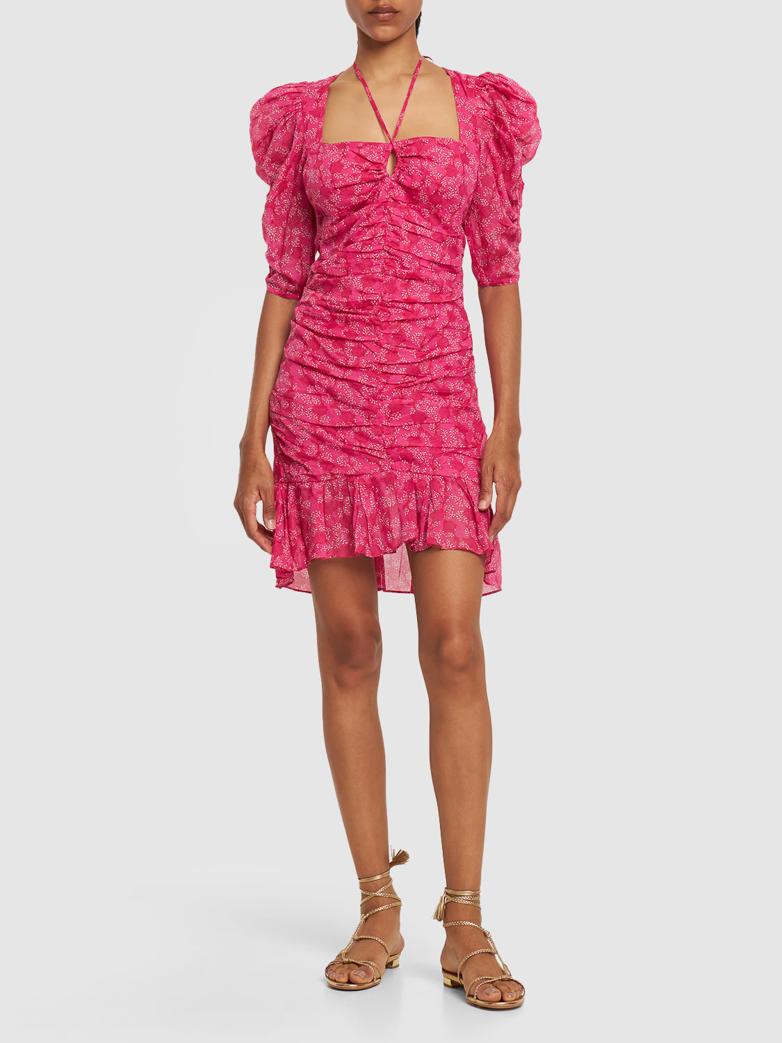 Shop Isabel Marant Étoile Galdino Puff Sleeve Cotton Mini Dress In Fuchsia,multi