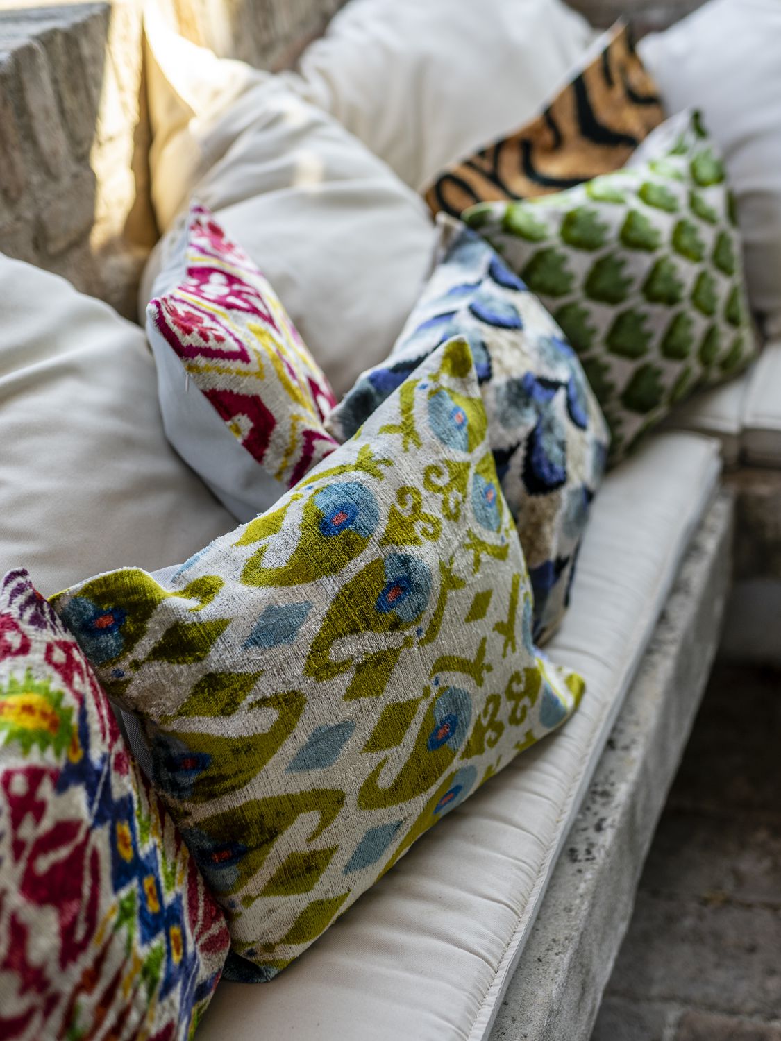 Les Ottomans Cotton Velvet Cushion In Blue,green