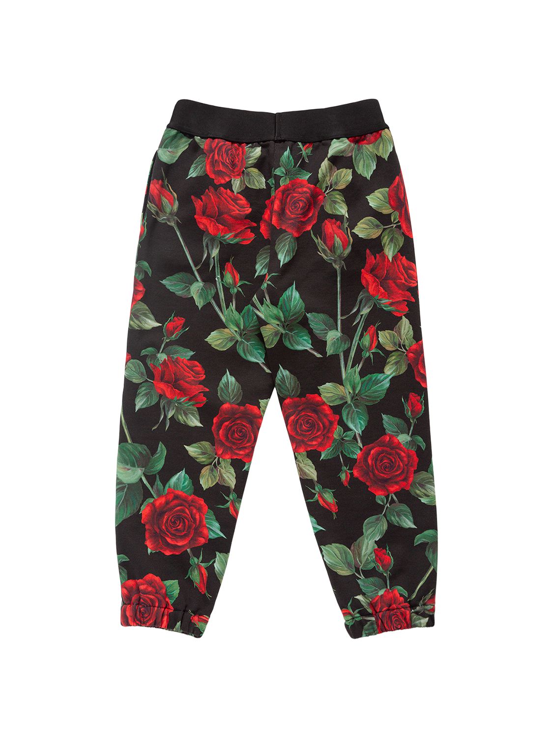 Dolce & Gabbana Rose Print Cotton Sweatpants W/logo In Black,red