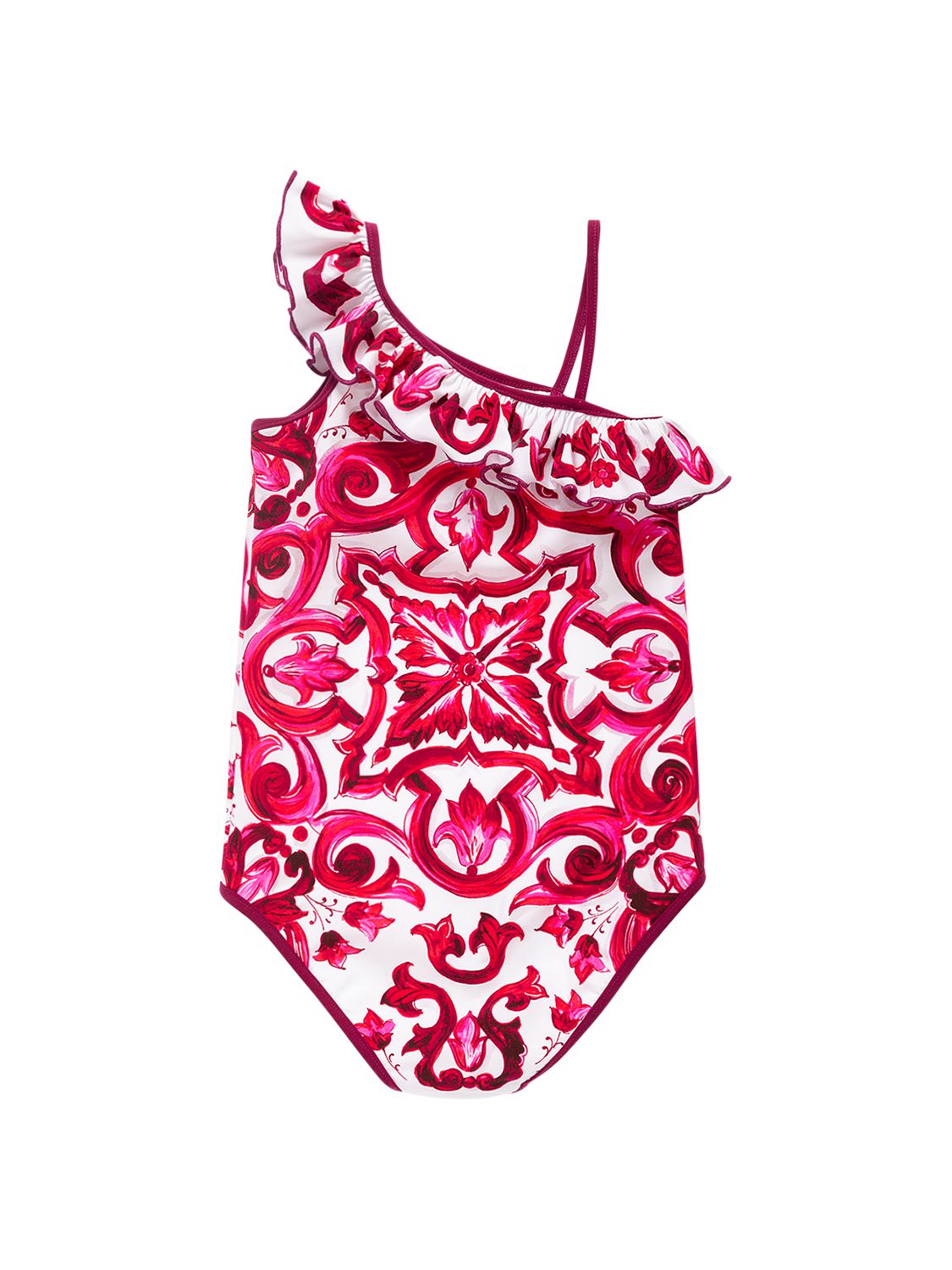 Dolce & Gabbana Majolica-print One-piece Swimsuit With Ruched Neckline In Fuchsia,white