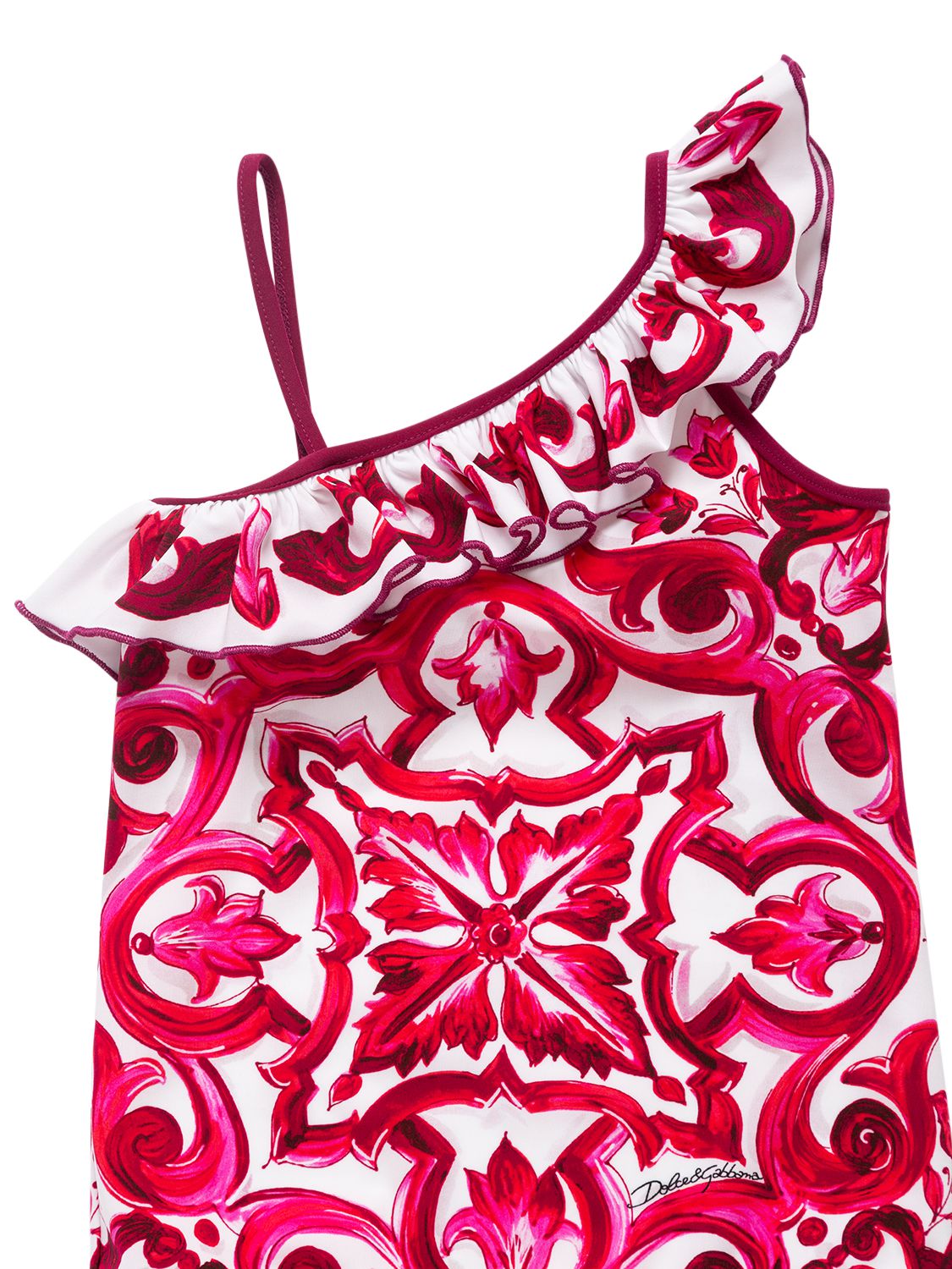 Dolce & Gabbana Majolica-print One-piece Swimsuit With Ruched Neckline In Fuchsia,white