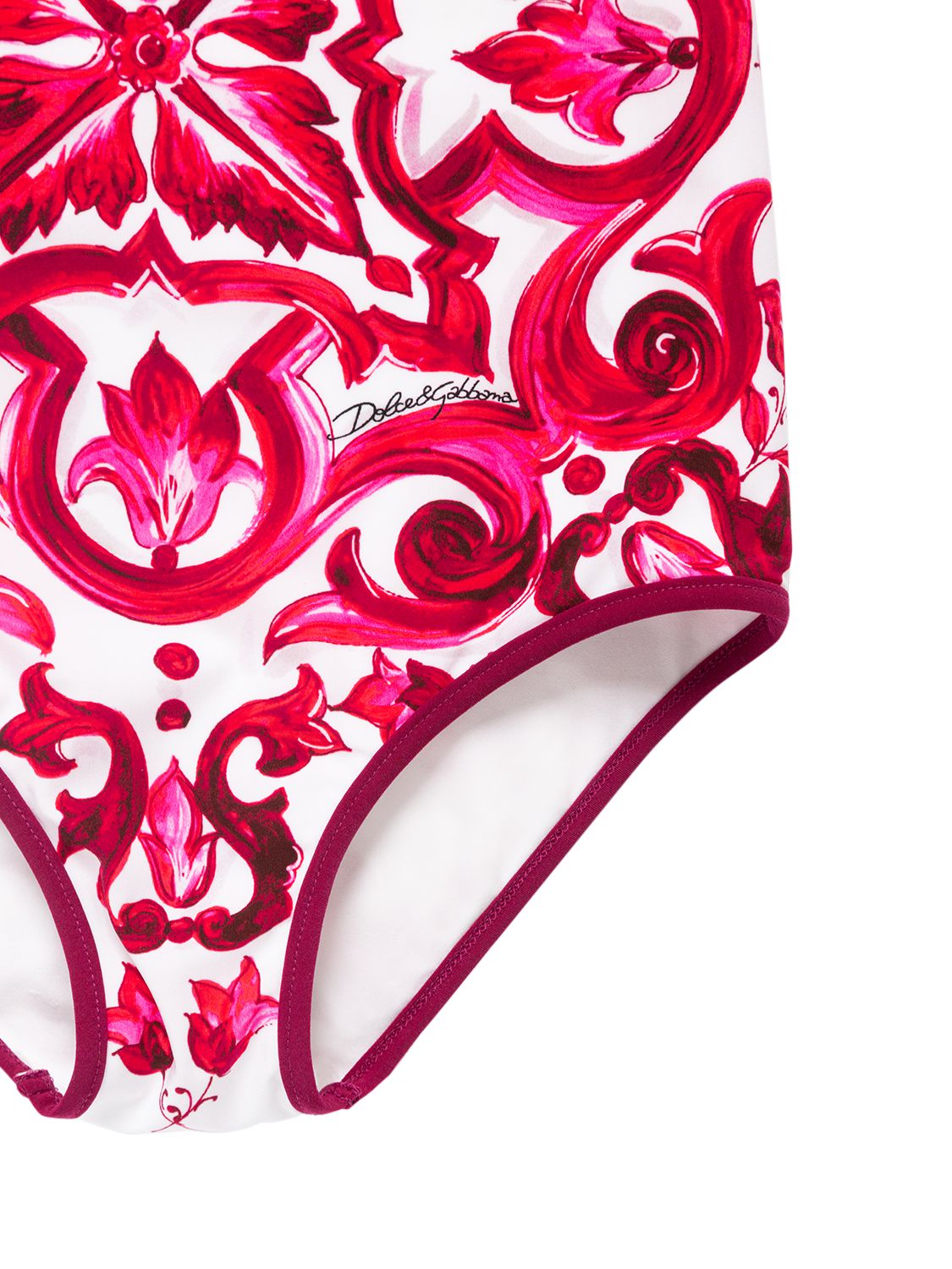 Dolce & Gabbana Majolica-print One-piece Swimsuit With Ruched Neckline In Fuchsia,white