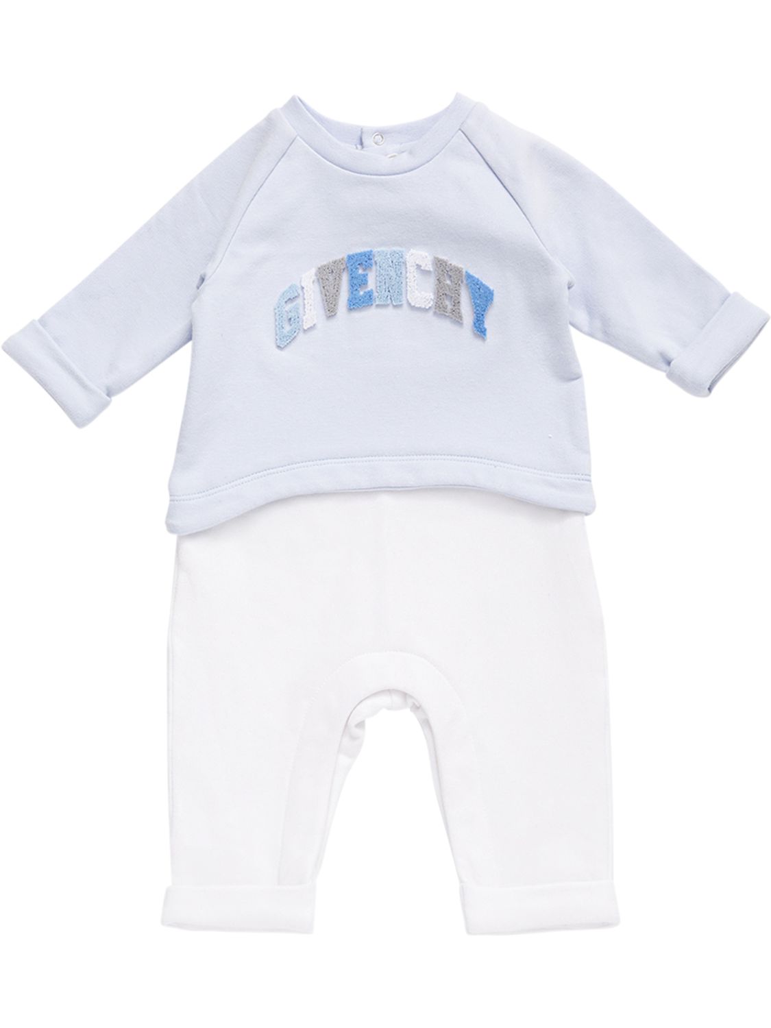 Givenchy Kids' Logo Patch Cotton Sweatshirt Romper In Light Blue/white