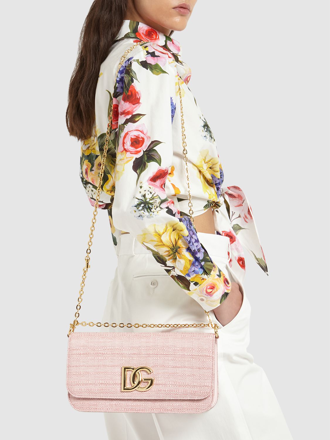 Dolce & Gabbana Raffia Chain Shoulder Bag In Rosa Baby