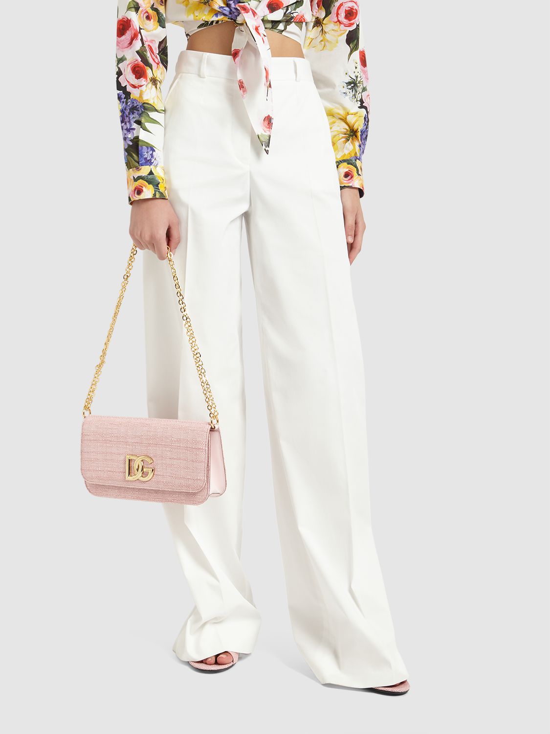 Dolce & Gabbana Raffia Chain Shoulder Bag In Rosa Baby