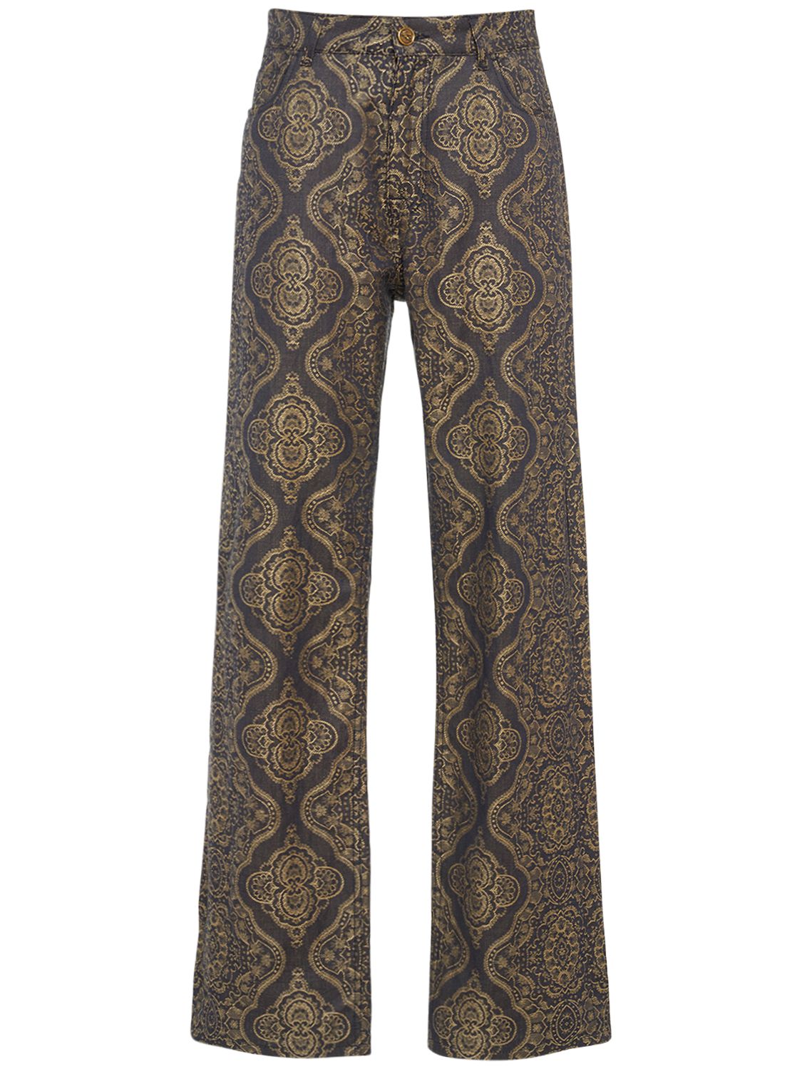 Printed Cotton & Linen Wide Jeans