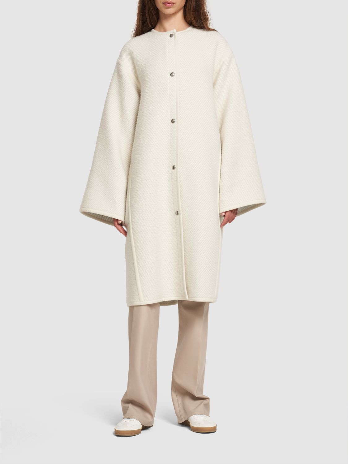 Shop Loro Piana Geir Collarless Silk Blend Midi Coat In White