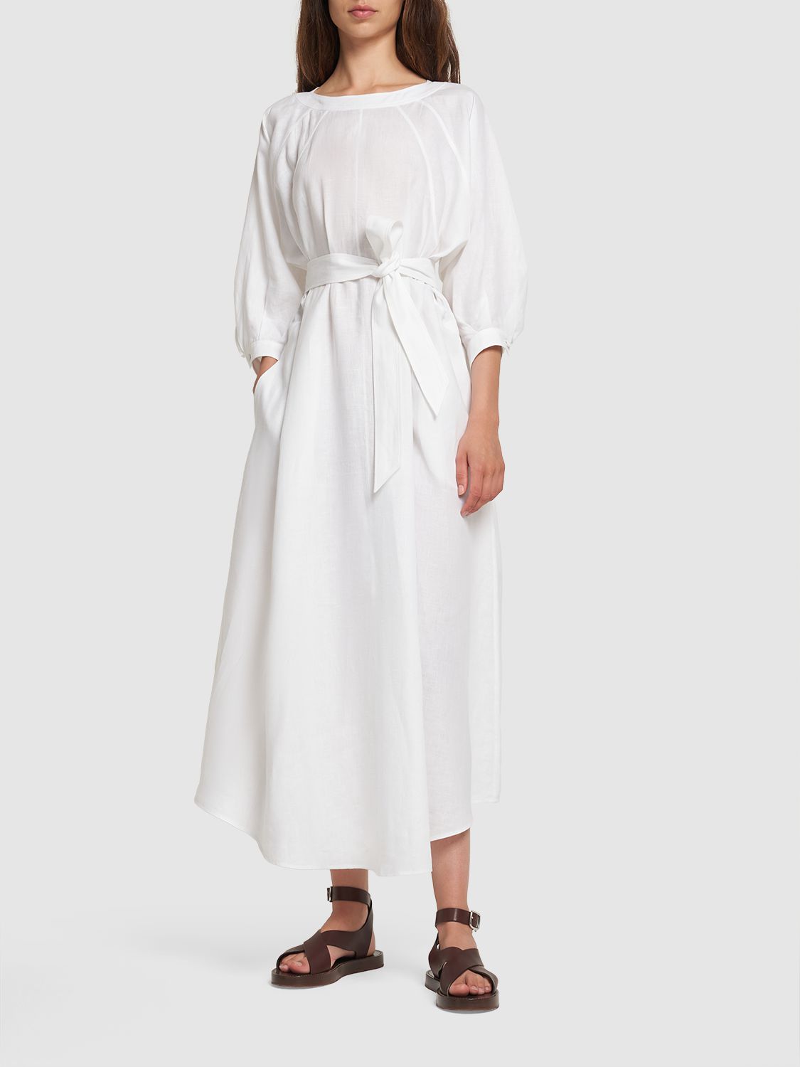 Shop Loro Piana Mina Solaire 3/4 Sleeve Linen Midi Dress In Off White