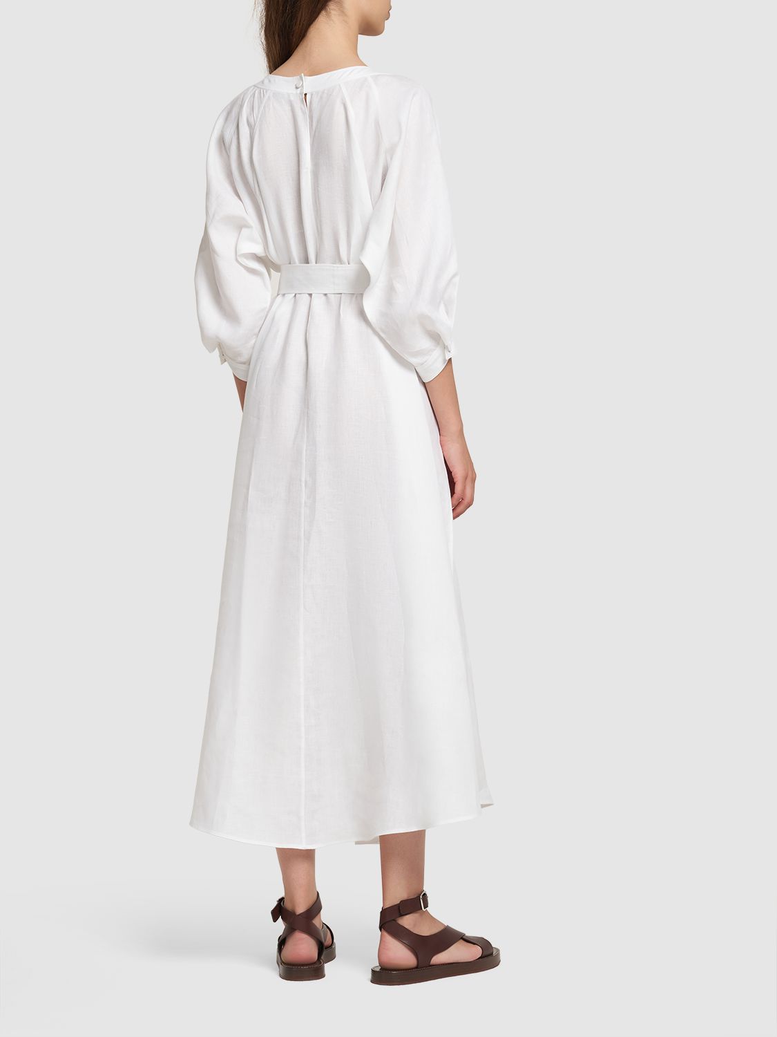 Shop Loro Piana Mina Solaire 3/4 Sleeve Linen Midi Dress In Off White