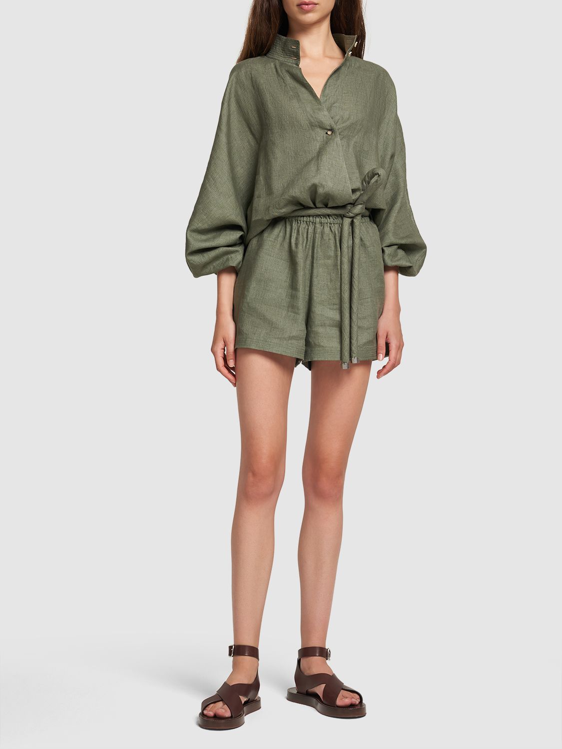 Shop Loro Piana Rose Solaire Belted L/s Linen Jumpsuit In Green