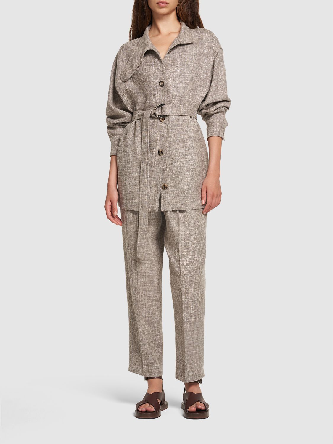 Shop Loro Piana Ardian Belted Wool Blend T-neck Jacket In Grey