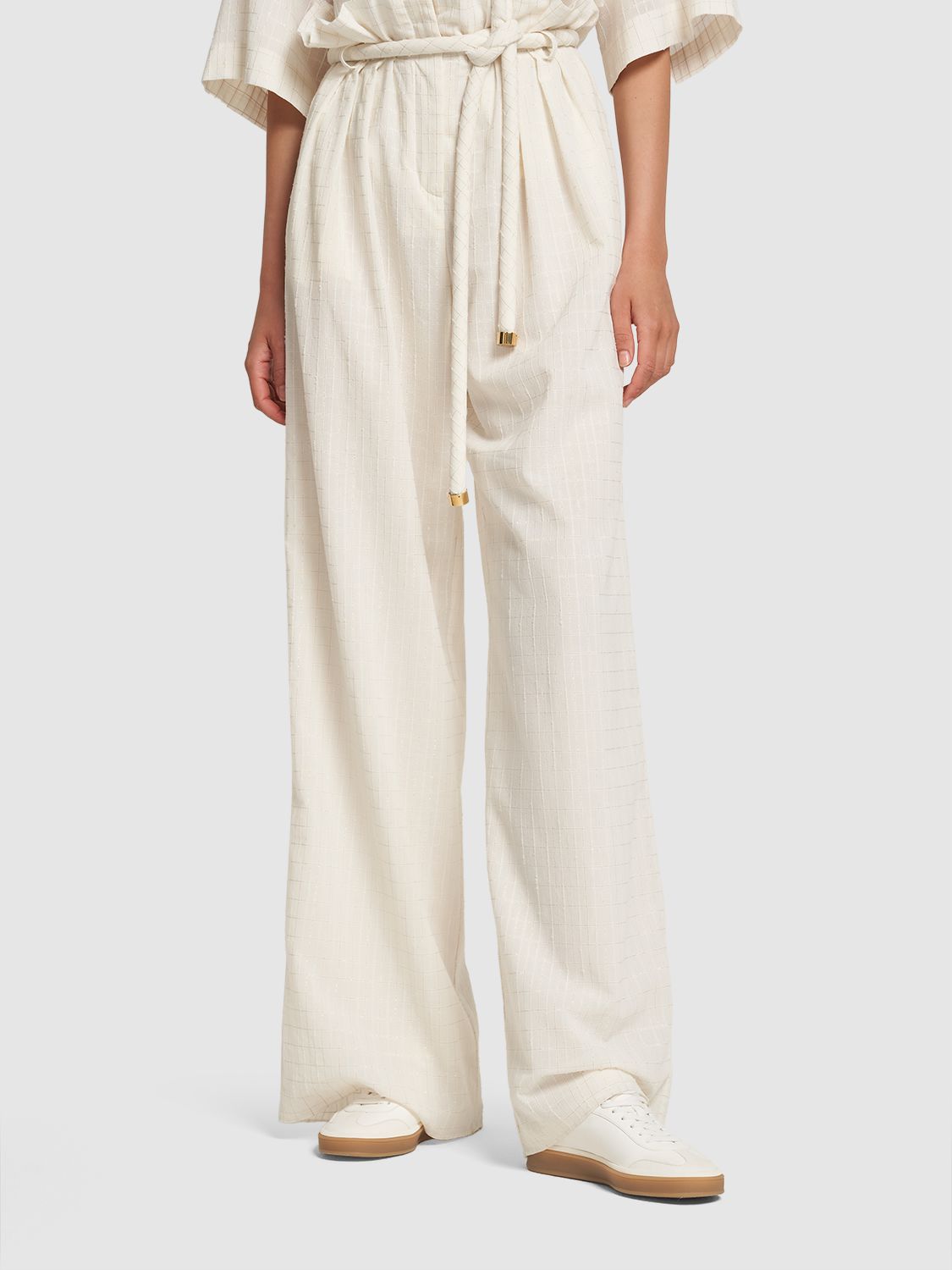 Shop Loro Piana Tristin Belted Cotton Blend Wide Pants In Ivory,gold
