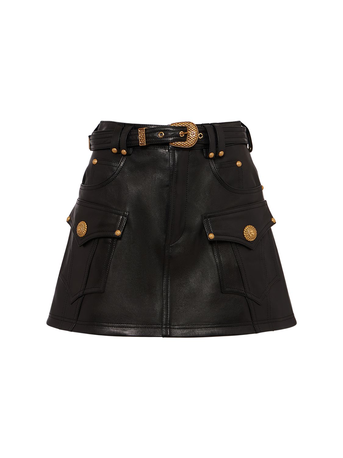 Trapeze Belted Leather Mini Skirt